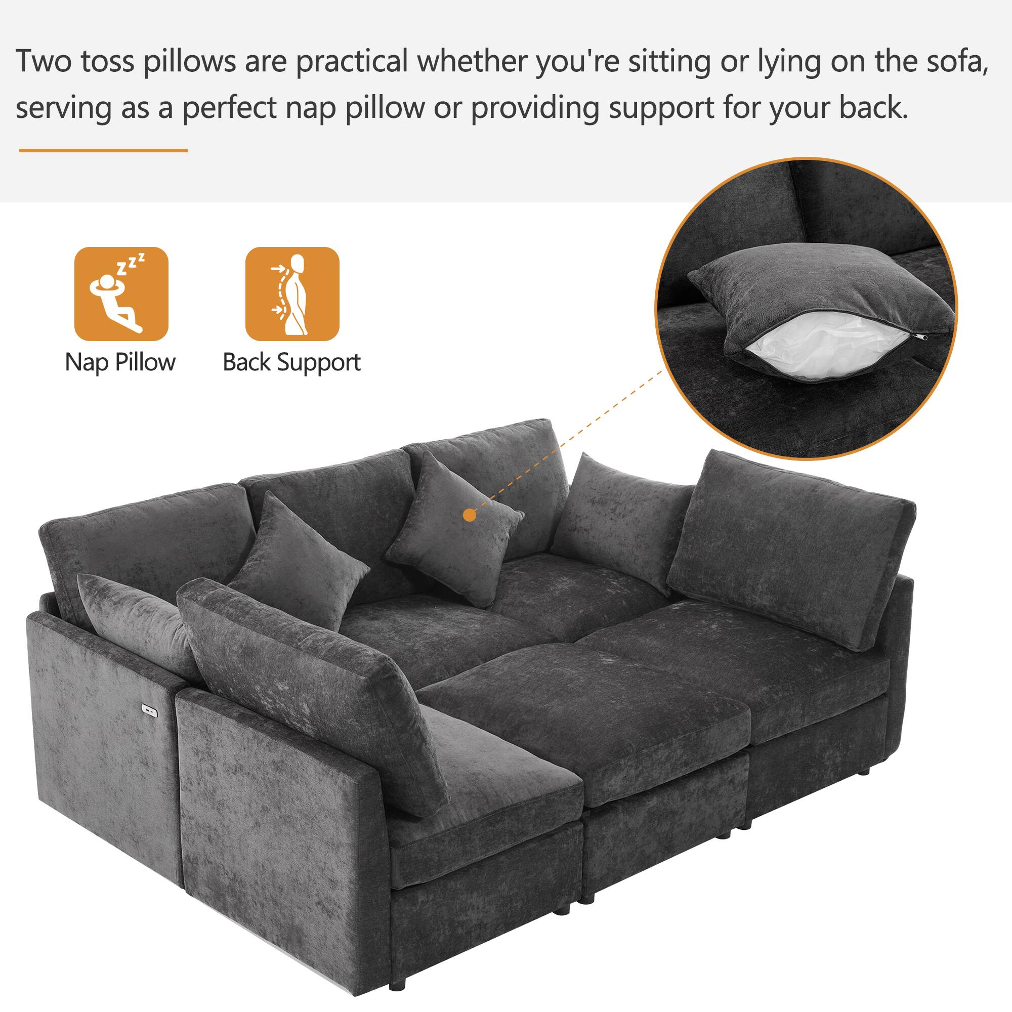 Two toss pillows are practical whether you're sitting or lying on the sofa, serving as a perfect nap pillow or providing support for your back.

Nap Pillow
Back Support