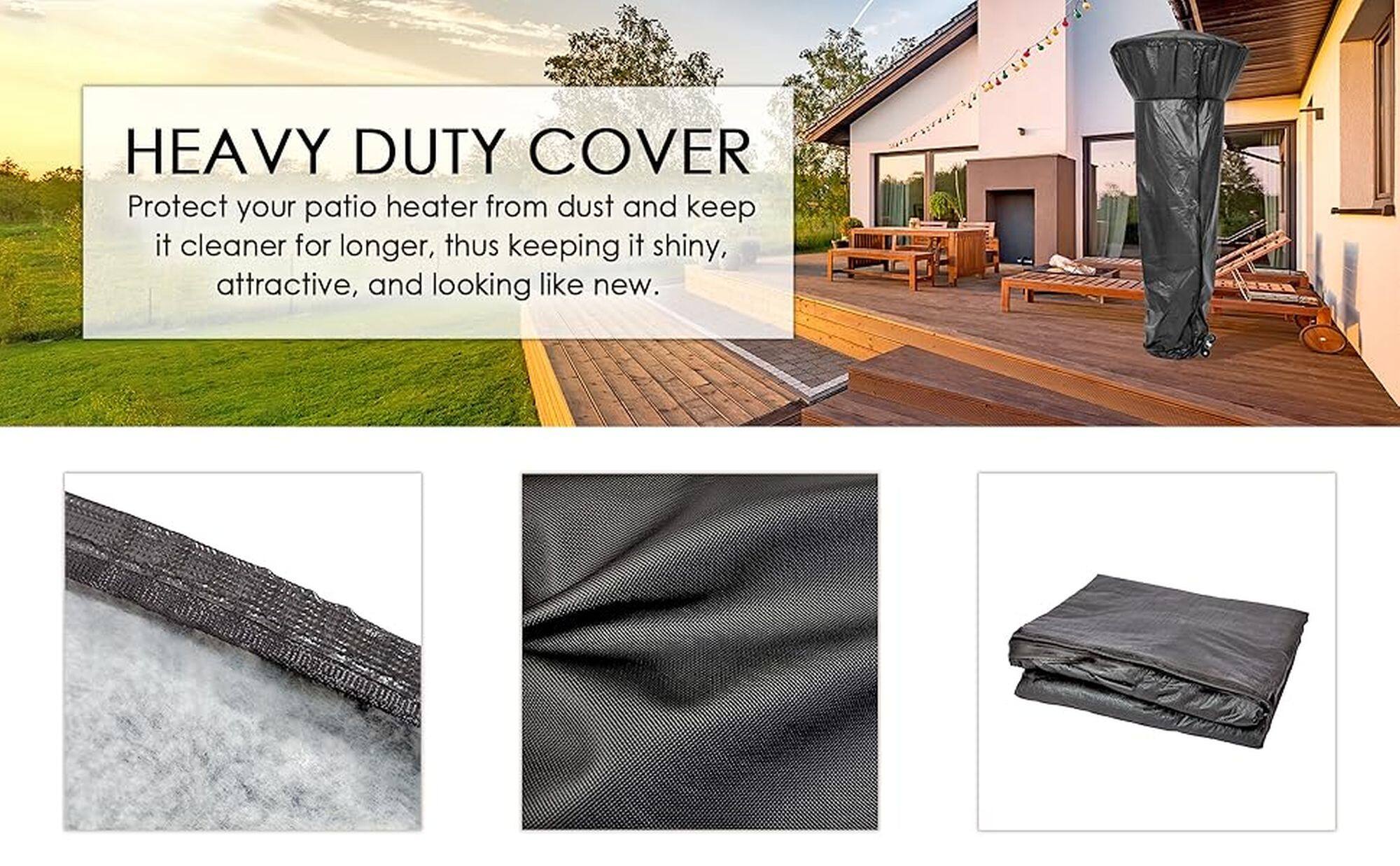 The text on the image is already grouped and correctly states: "Heavy Duty Cover Protect your patio heater from dust and keep it cleaner for longer, thus keeping it shiny, attractive, and looking like new."