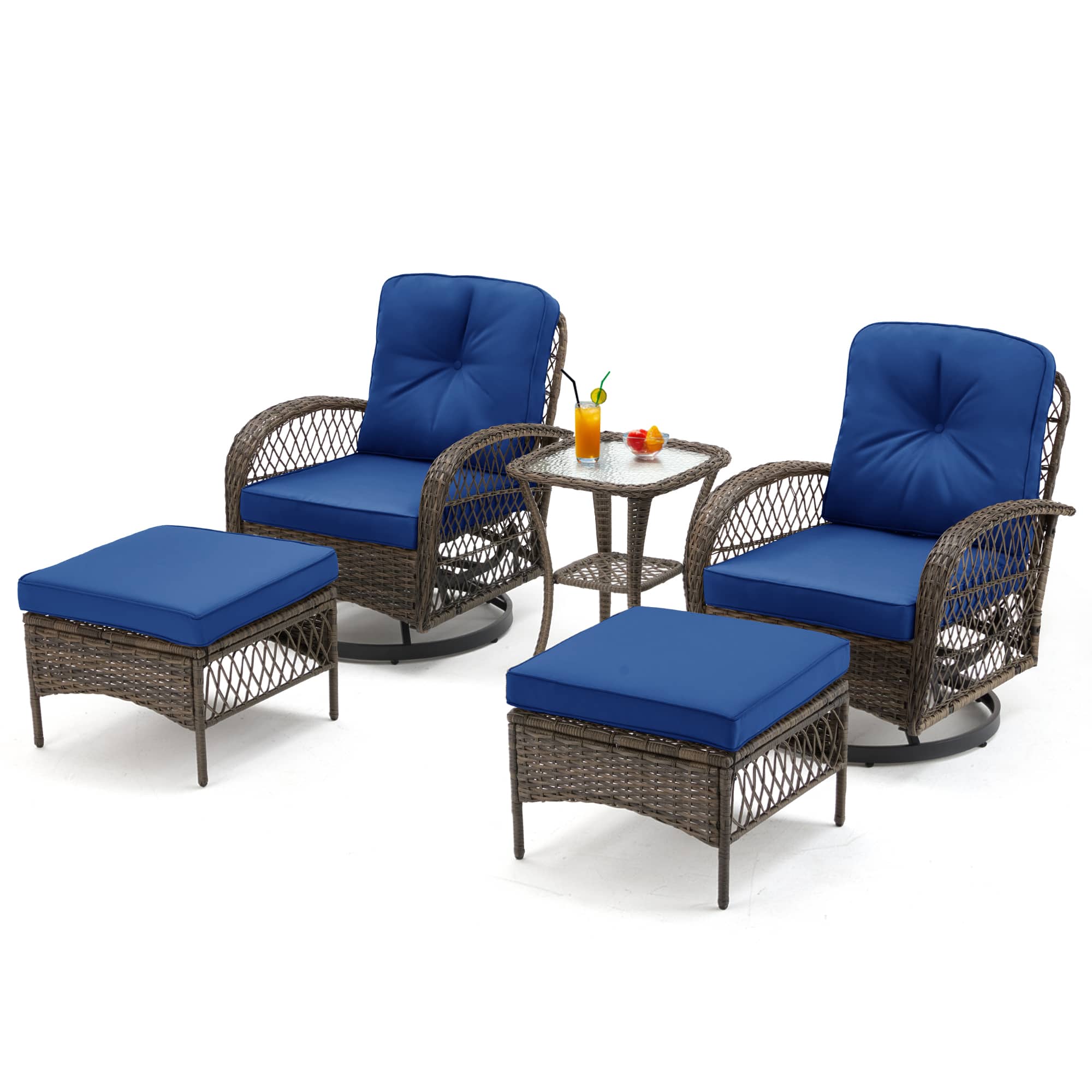 Front. U-HOMY - 360° Swivel Rocking Patio Chairs with Cushions & Tempered Glass Table, Wicker Conversation Set, 5-Piece - Navy Blue.
