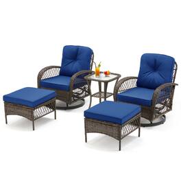 U-HOMY - 360° Swivel Rocking Patio Chairs with Cushions & Tempered Glass Table, Wicker Conversation Set, 5-Piece - Navy Blue