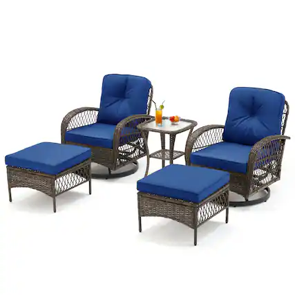Front. U-HOMY - 360° Swivel Rocking Patio Chairs with Cushions & Tempered Glass Table, Wicker Conversation Set, 5-Piece - Navy Blue.
