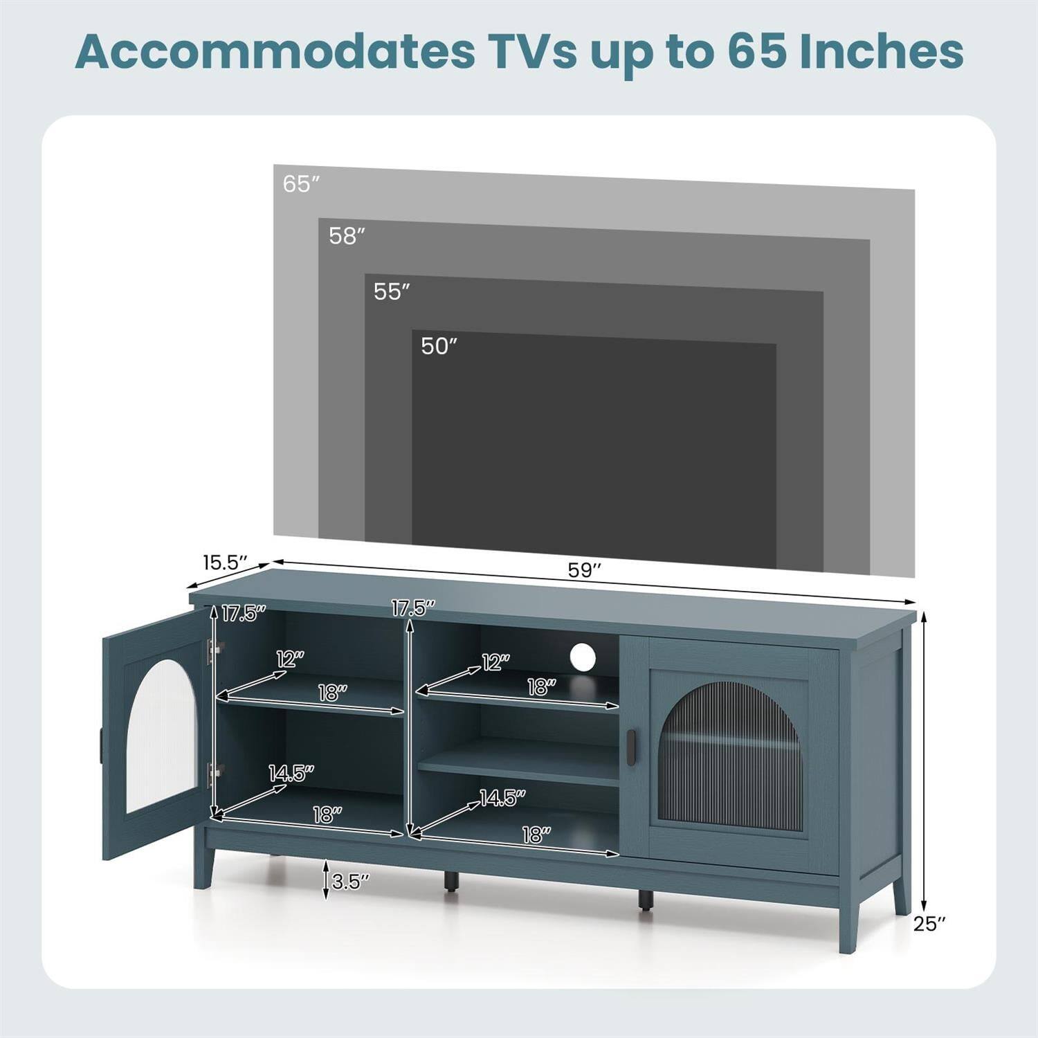 Accommodates TVs up to 65 Inches

65"  
58"  
55"  
50"  
59"  
15.5"  
17.5"  
12"  
18"  
14.5"  
3.5"  
25"