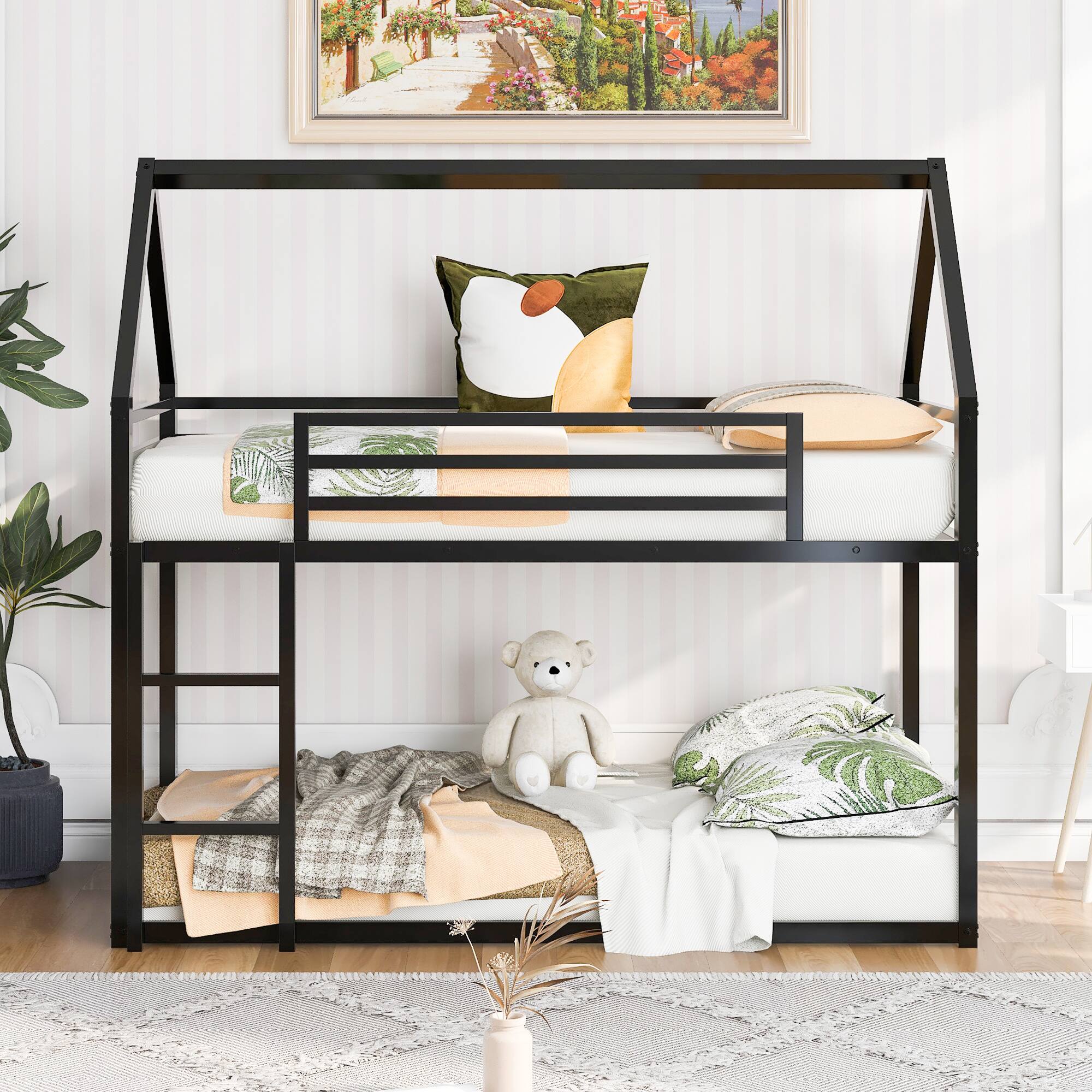 Alt View 6. Spaco - Spaco Twin over Twin Kids House Bunk Bed with Slide, Solid Metal Frame, Safety Guardrails, Built-in Ladder, for Bedroom - Black.