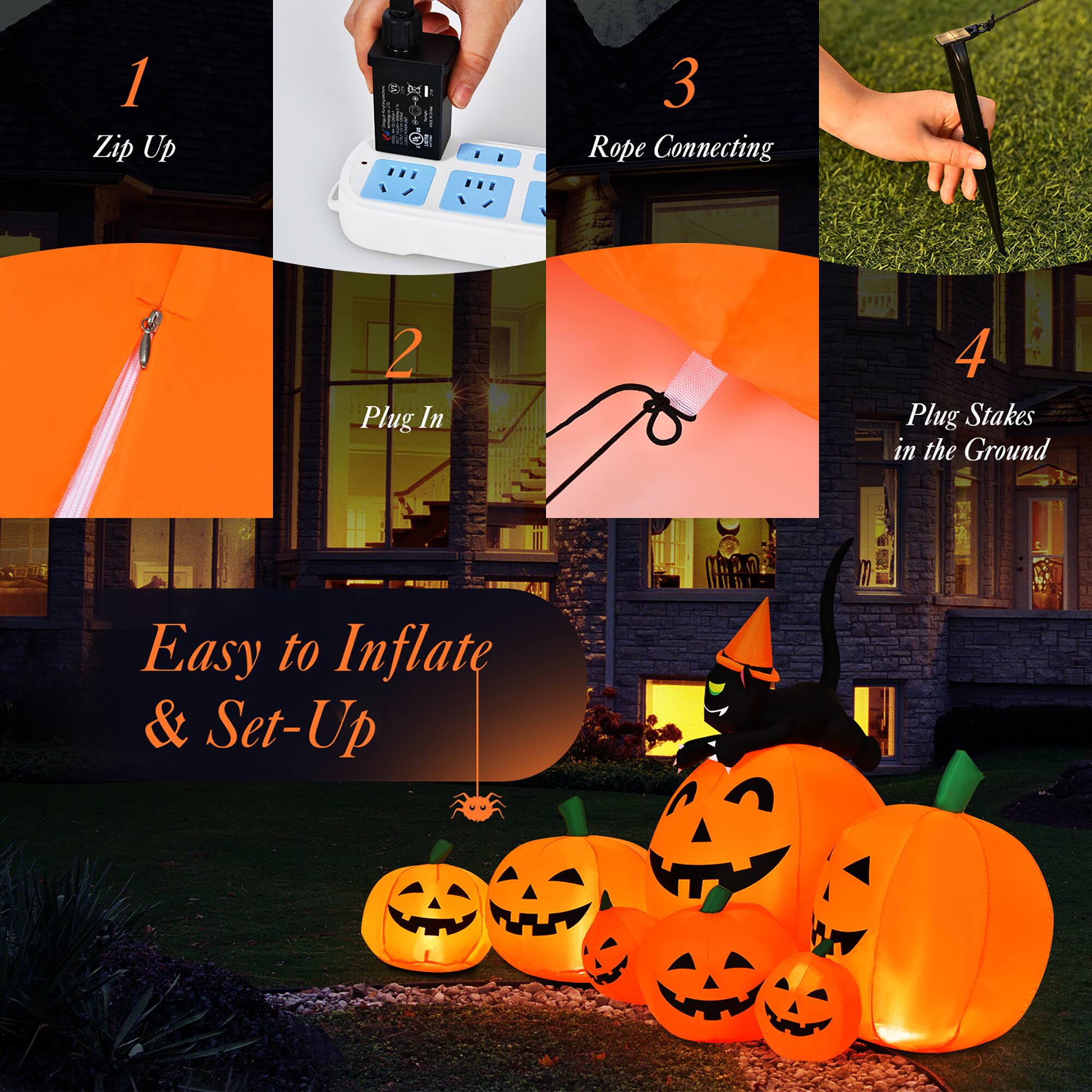 1. Zip Up & 3. Rope Connecting 2. Plug In & 4. Plug Stakes in the Ground Easy to Inflate & Set-Up