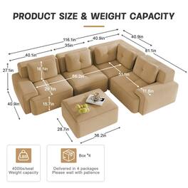 Roomtec - Modern Modular Sectional Sofa with 4SeaterV Shaped Corner CouchCorduroy FabricDeep Seat for Living Room Movable - Camel