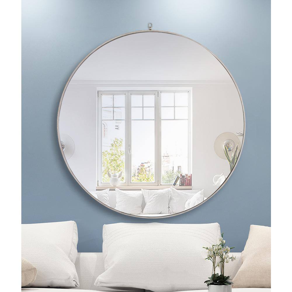 Left. Elegant Decor - Metal frame Round Mirror with decorative hook 48 inch Silver finish - Silver.