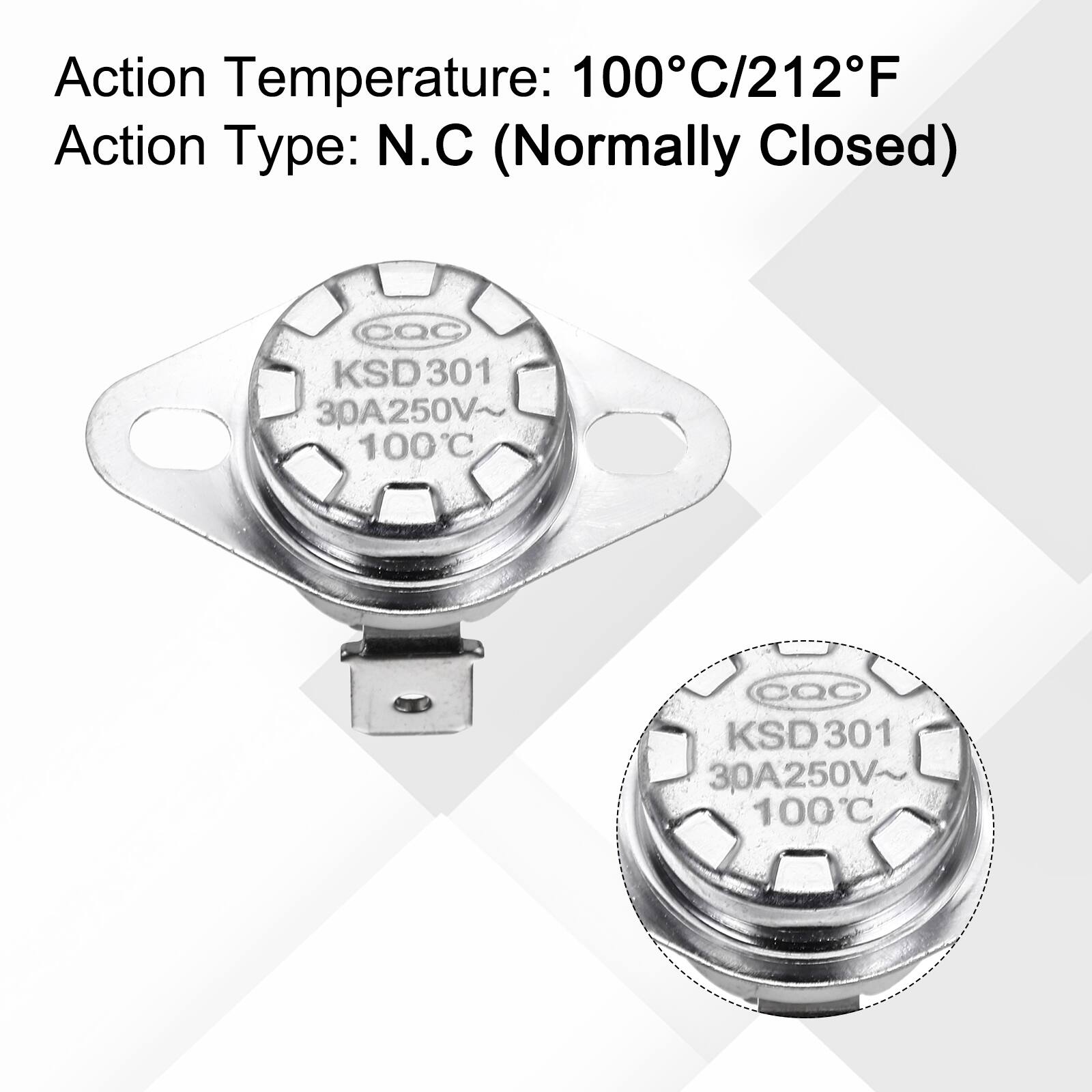 Action Temperature: 100°C/212°F  
Action Type: N.C (Normally Closed)  
CQC KSD301 30A250V 100°C  
CQC KSD301 30A250V~ 100°C