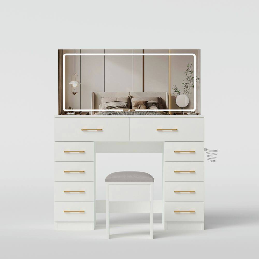 Alt View 7. Kadyn - 46-Inch Makeup Vanity with 10 Drawers, Mirror and Stool - White - White.