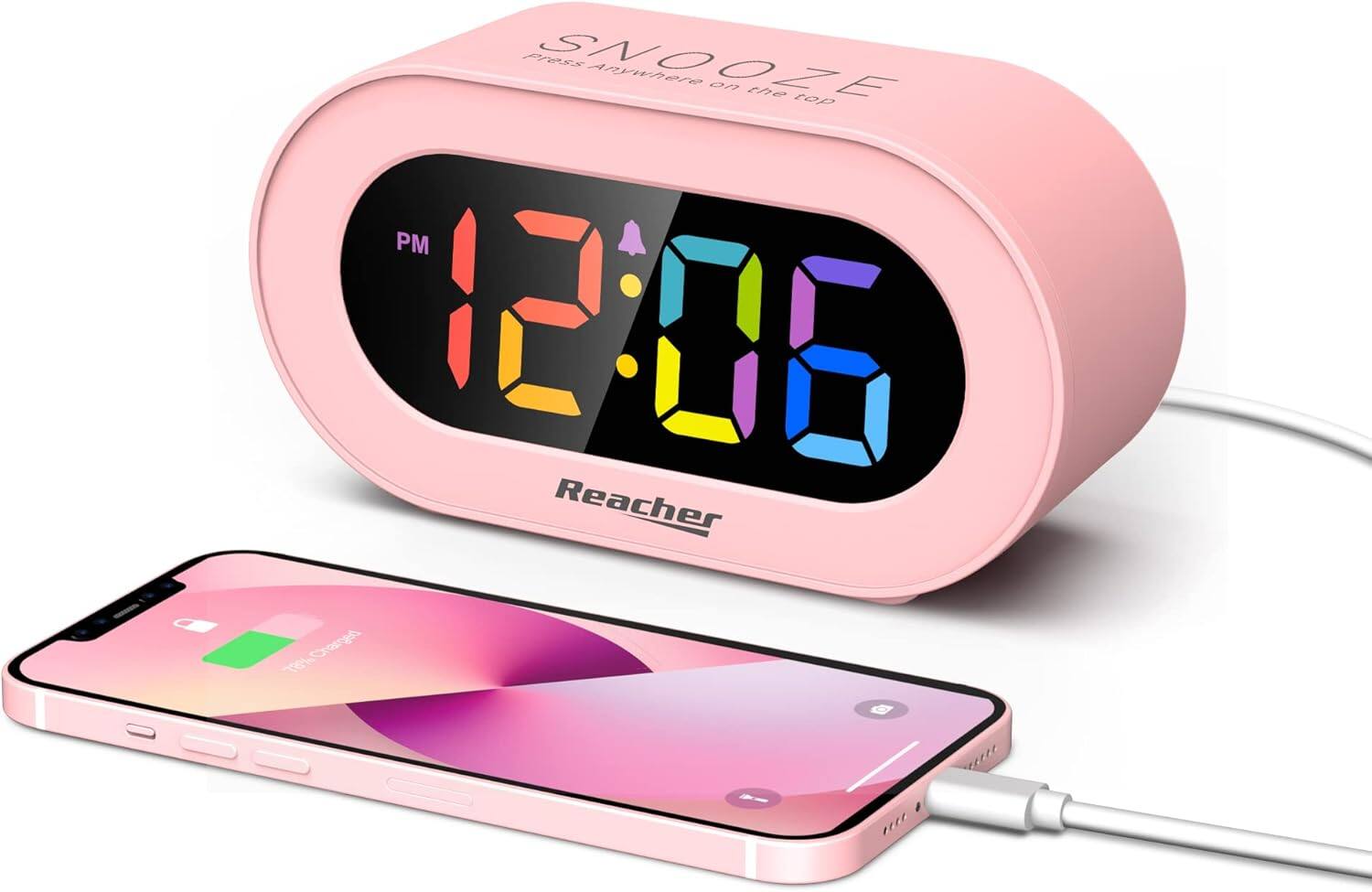 Stamp n Camp - REACHER Small LED Digital Alarm Clock with Simple Operation, Full Range Brightness Dimmer, USB Phone Charger Port, Easy - Pink+colorful Digit