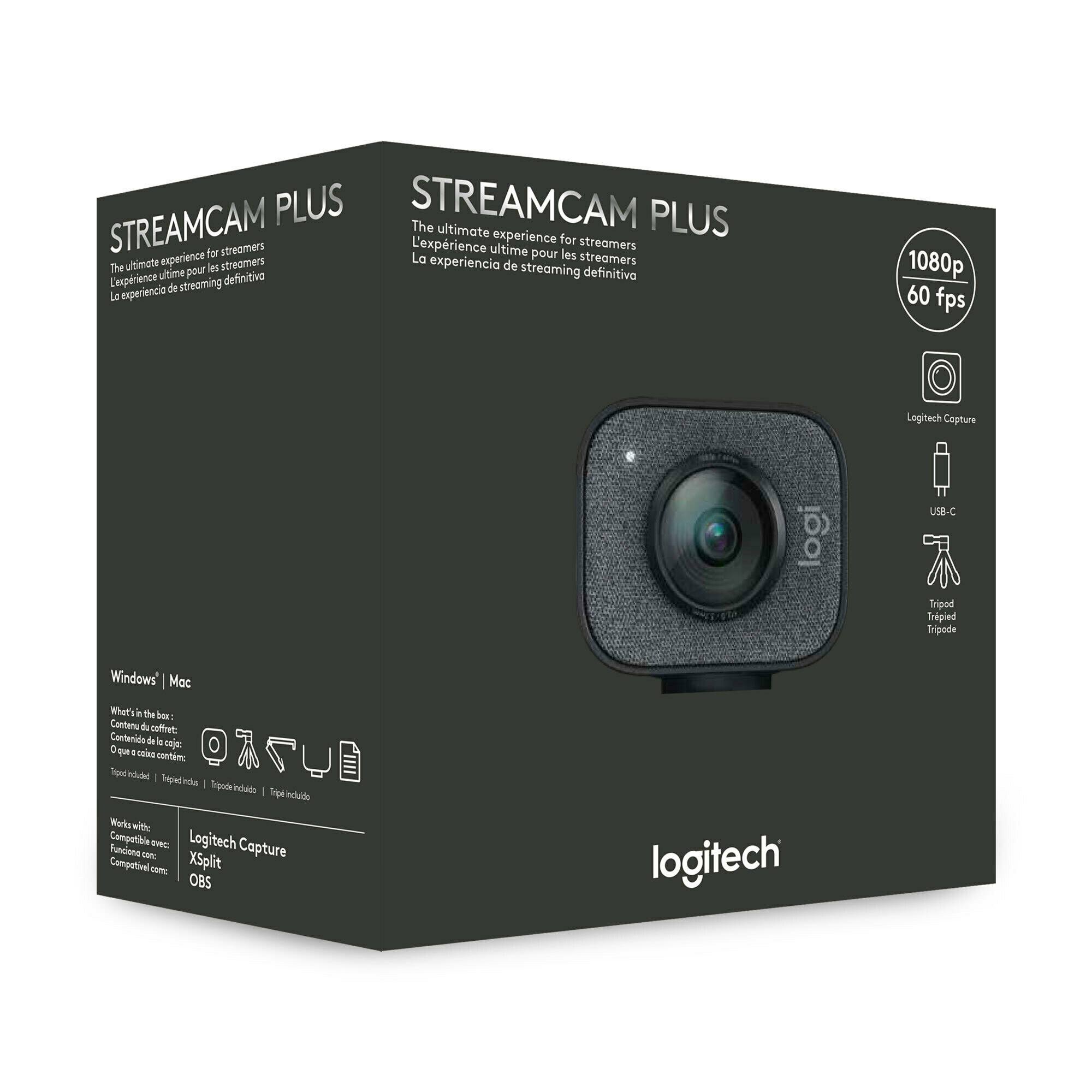 STREAMCAM PLUS  
The ultimate experience for streamers  
L'expérience ultime pour les streamers  
La experiencia definitiva de streaming  

1080p 60 fps  
Logitech Capture  
USB-C  
Tripod  

Works with:  
Windows® / Mac  
Logitech Capture  
XSplit  
OBS  

What's in the box:  
- Webcam  
- Tripod  
- Quick Start Guide