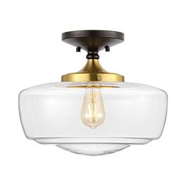 Jonathan Y - Marfa 14" 1-Light Modern Farmhouse Schoolhouse Frosted Glass/Metal LED Semi Flush Mount - Oil Rubbed Bronze/Brass Gold