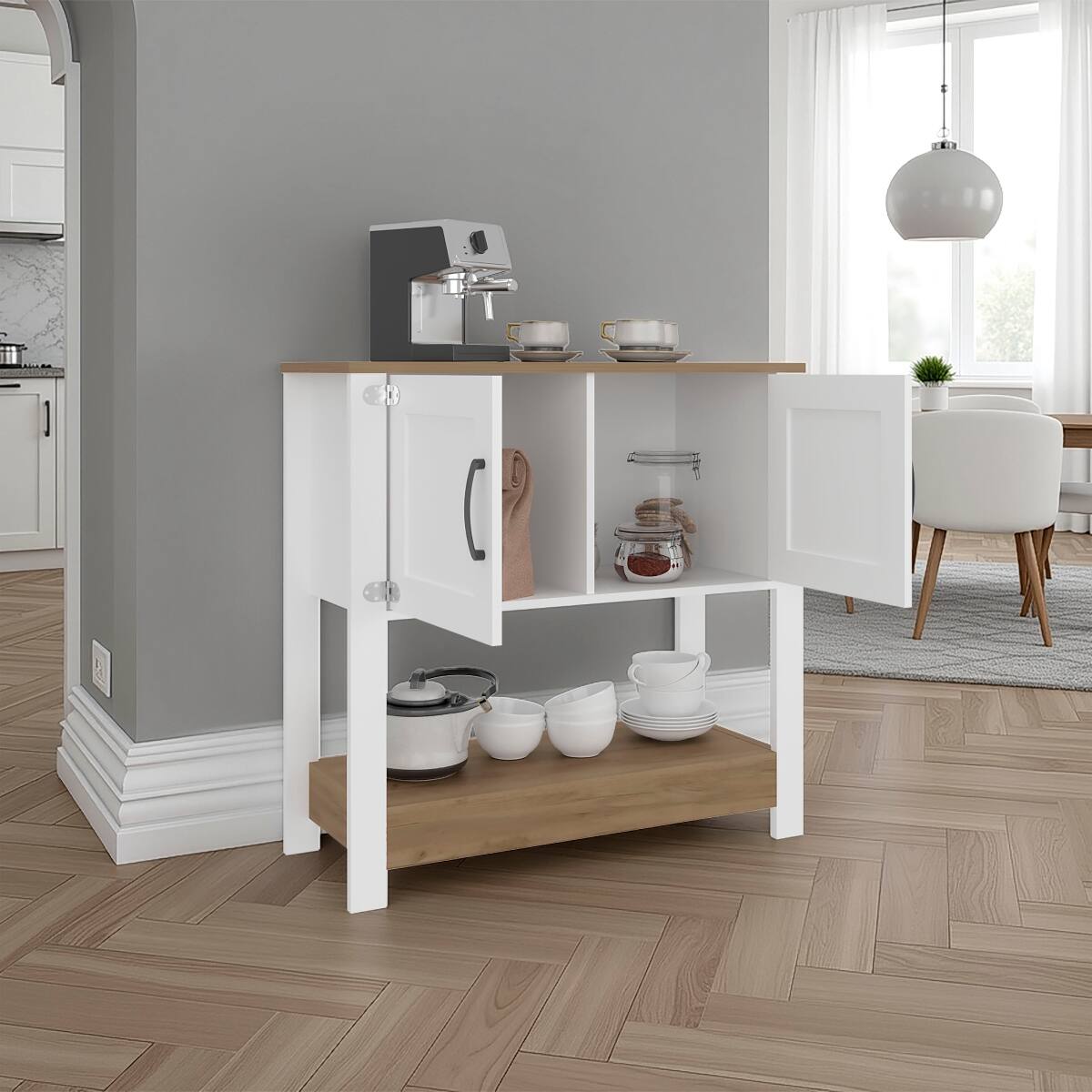 Back. Loheer - Loheer white and natural oak coffee station coffee bar cabinet with storage doors 35 Inch - White and Natural.