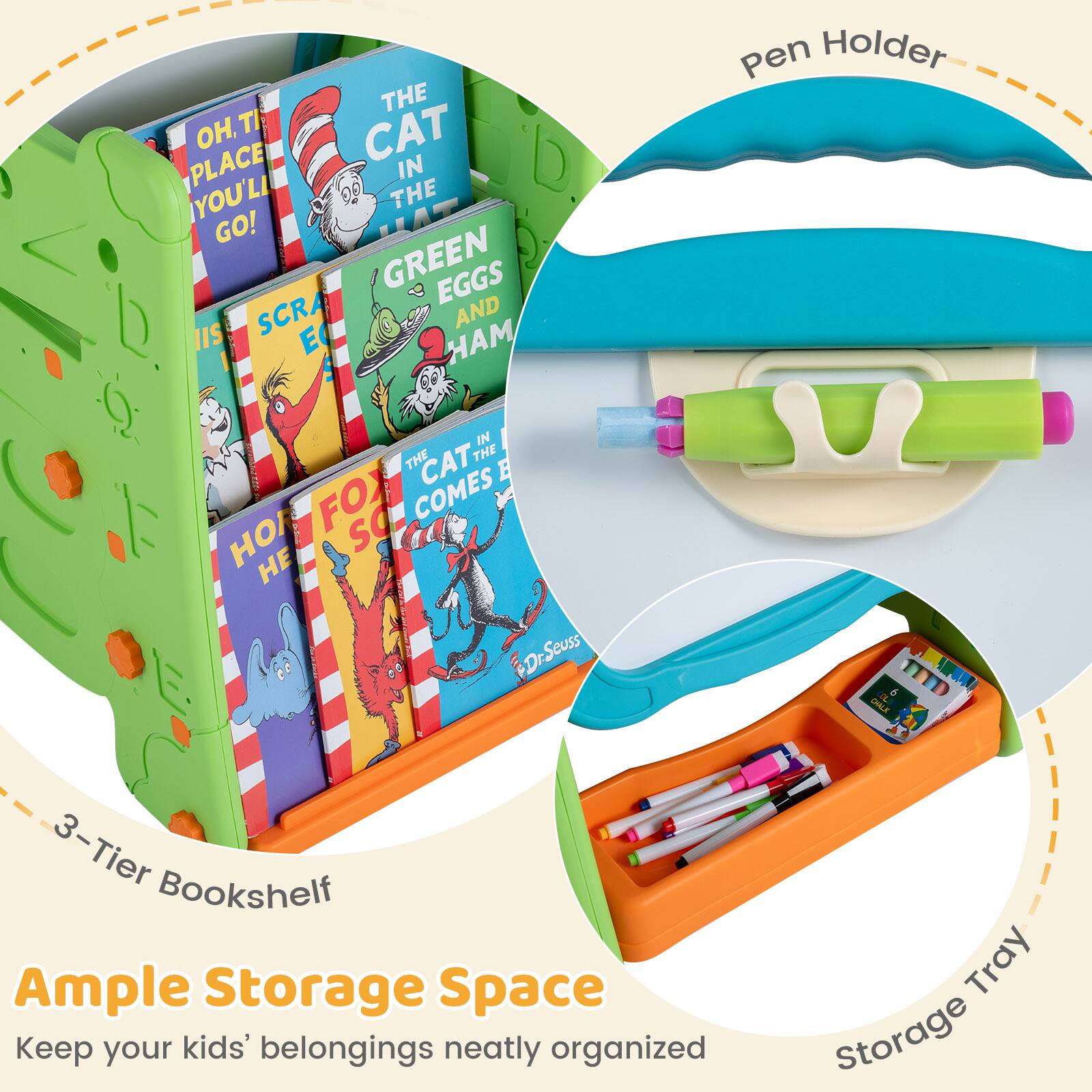 THE OH, THE CAT PLACE IN YOU'LL THE GO! GREEN EGGS AND HAM Pen Holder IN THE THE CAT B FO COMES HO sO DrSeuss OHLE 3 3-Tier Tier Bookshelf Ample Storage Space Keep your kids' belongings neatly organized Tray Storage