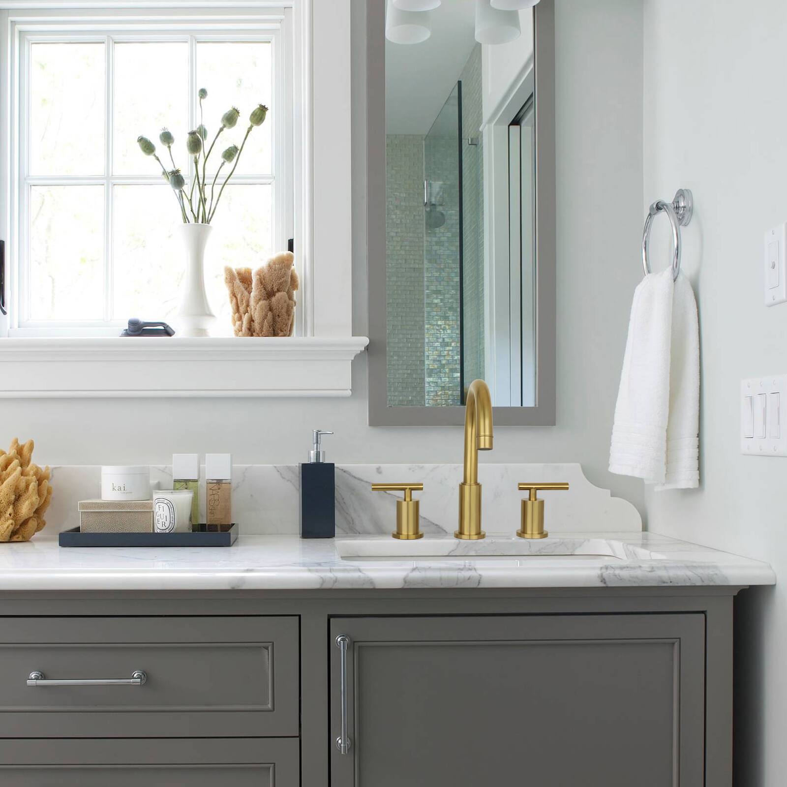 Alt View 4. Akicon - Akicon Solid Brass Double-Handle Widespread Kitchen Faucet in Brushed Gold - Brushed Gold.