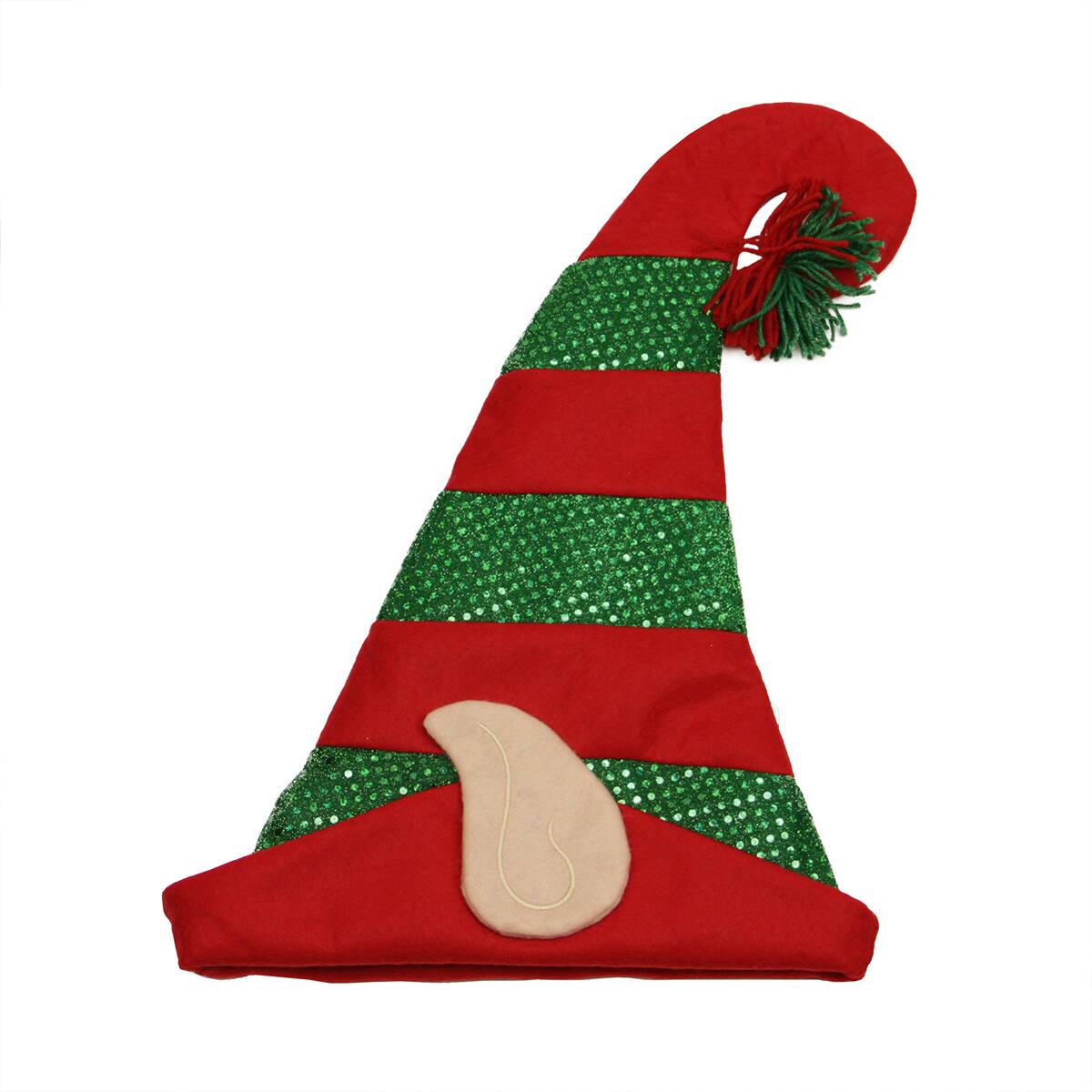 Northlight - 22" and Green Striped Sequin Unisex Adult Christmas Elf Hat - One Size - Red