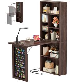 Aheaplus - Foldable Compact Desk: Built-in Outlets & Blackboard, Space-Saving Workstation for Home Office/Craft Room - Black Walnut