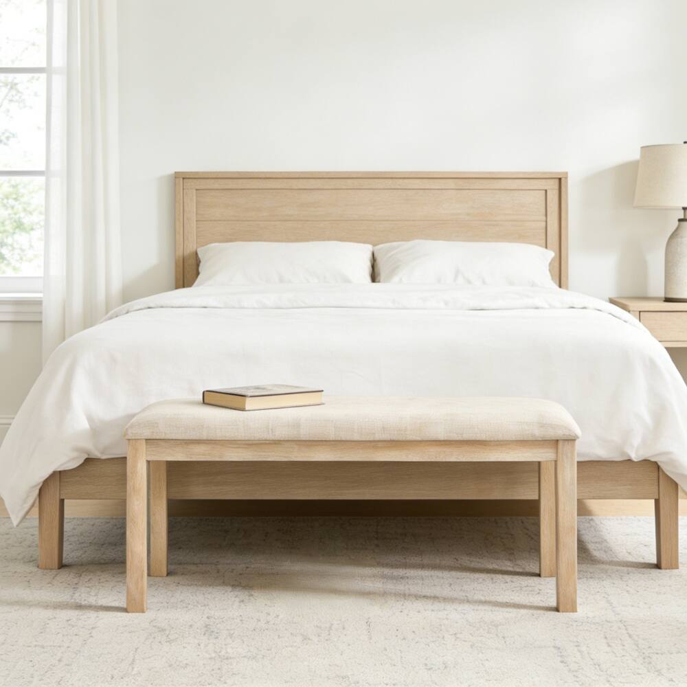 Back. Ropilly - Ropilly 38 Inch Upholstered Dining Bench, Beige Linen Padded Bedside Bench with Solid Wood Legs for Bedroom and Entryway - Beige.