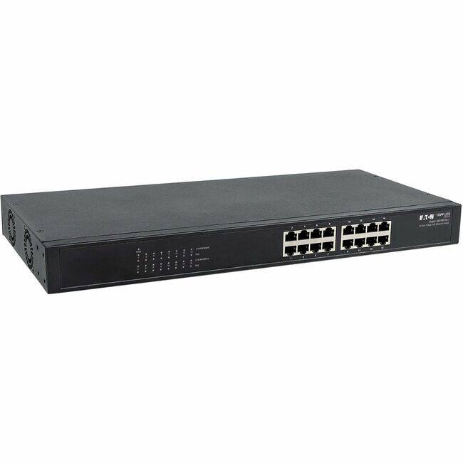 Front. Tripp Lite - Eaton Tripp Lite Series 16-Port 10/100/1000 Mbps Gigabit Ethernet Unmanaged Switch with PoE+, 220W, Metal Enclosure, 1U - Black.