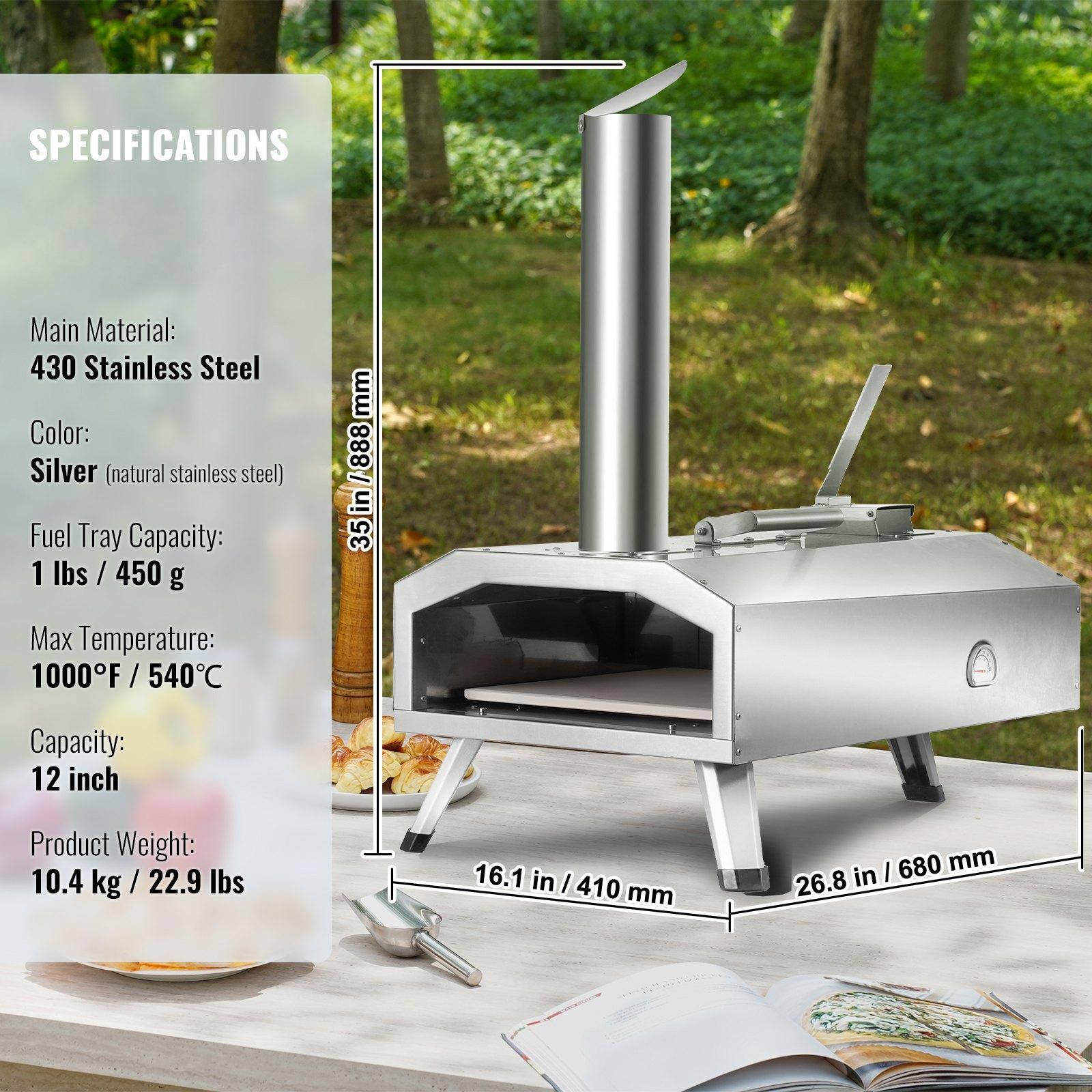 **SPECIFICATIONS**

- **Main Material:** 430 Stainless Steel
- **Color:** Silver (natural stainless steel)
- **Fuel Tray Capacity:** 1 lbs / 450 g
- **Max Temperature:** 1000°F / 540°C
- **Capacity:** 12 inch
- **Product Weight:** 10.4 kg / 22.9 lbs

**Dimensions:**
- **Height:** 35 in / 888 mm
- **Width:** 16.1 in / 410 mm
- **Depth:** 26.8 in / 680 mm