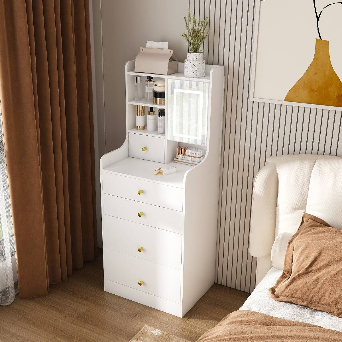 Alt View 3. Loheer - Loheer Makeup Vanity with LED Mirror and Storage Stool, White MDF Bedroom Dressing Table - White.