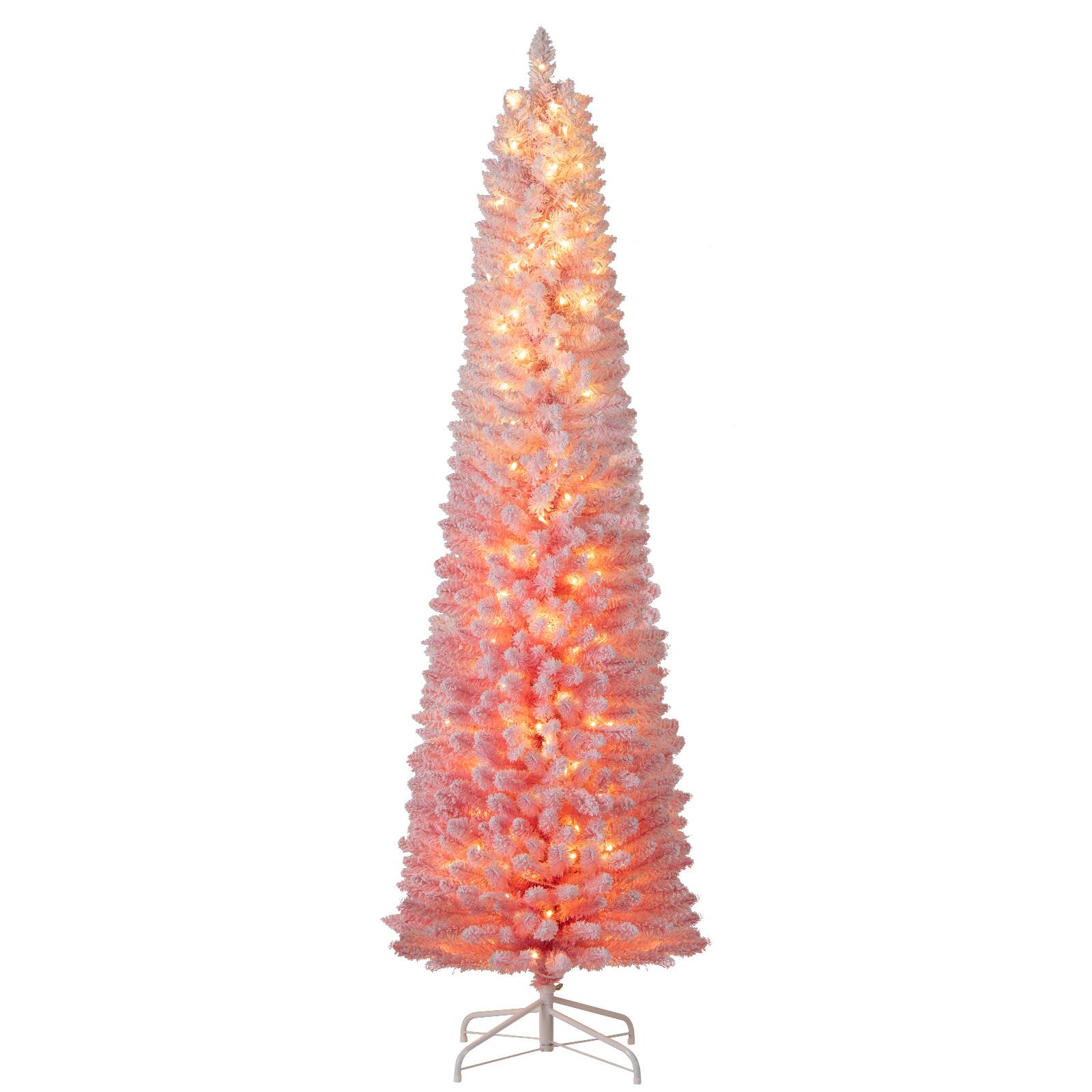 Alt View 9. Gymax - Gymax 7 FT Pre-Lit Christmas Tree Slim Pencil Xmas Tree w/ 527 Snow Flocked PVC Branch Tips - Pink.