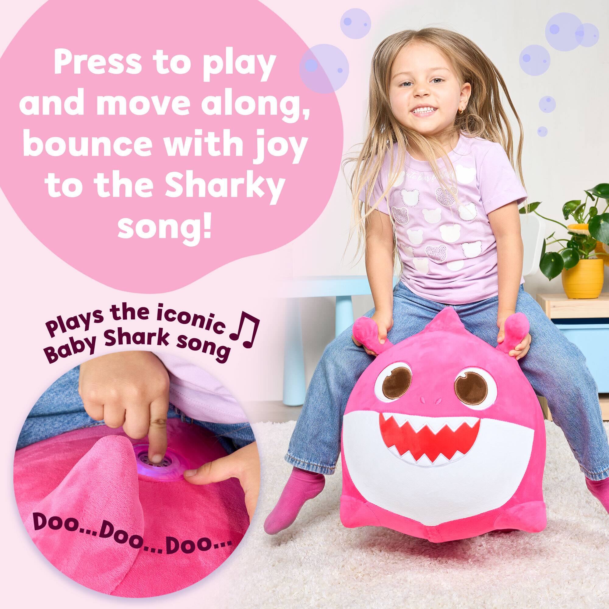 Press to play and move along, bounce with joy to the Sharky song!  
Plays the iconic Baby Shark song  
Doo...Doo...Doo... Doo... ... Doo... Doo...
