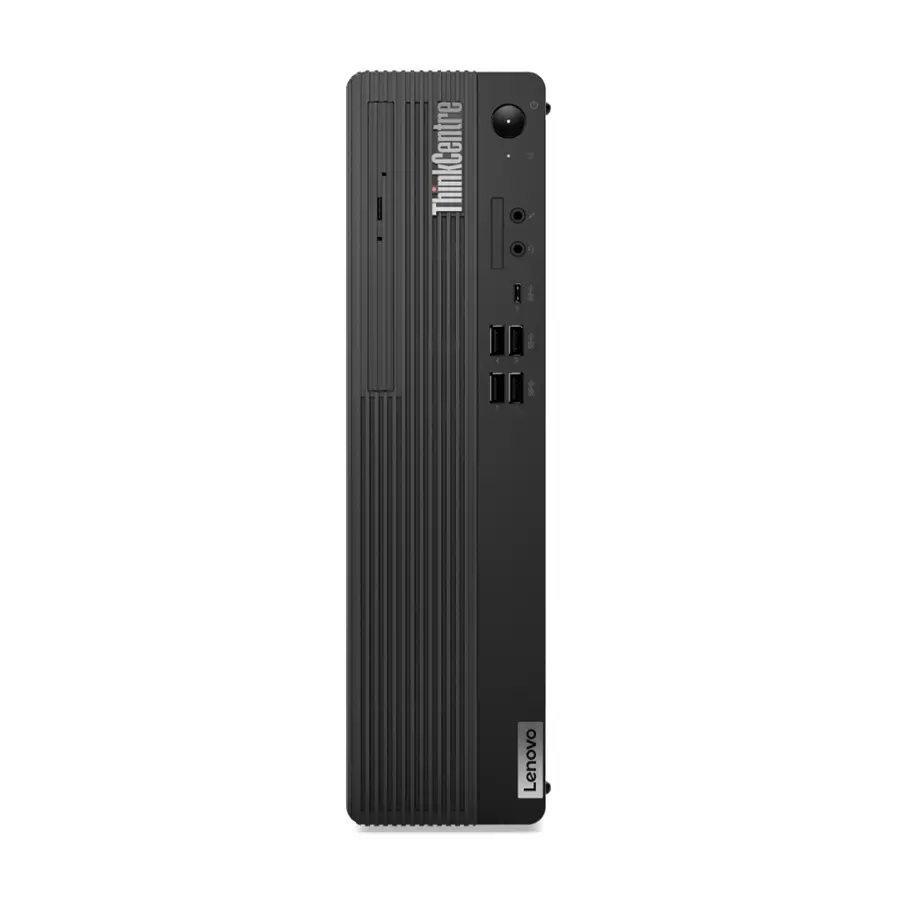 The image features a black ThinkCentre M900s server from Lenovo. It is a compact, high-performance server designed for small businesses and organizations. The server has a sleek, modern design and is equipped with a range of ports for connectivity and expansion. It is an ideal choice for those looking for a reliable and efficient server solution.