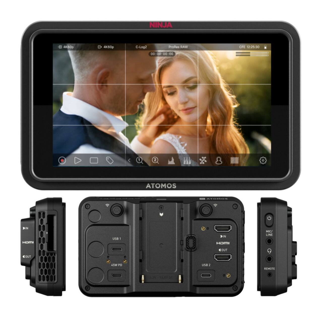NINJA 4K60p C-Log2 ProRes RAW CFE 12:25:30 00 00:00:00:00 30 DO 00 1 2 O ATOMOS STOHDE DIN HOMI Usa 1 DIN HOMI MIC/ LINE COUT OUT wita PO USB 2 REMOTE TAK