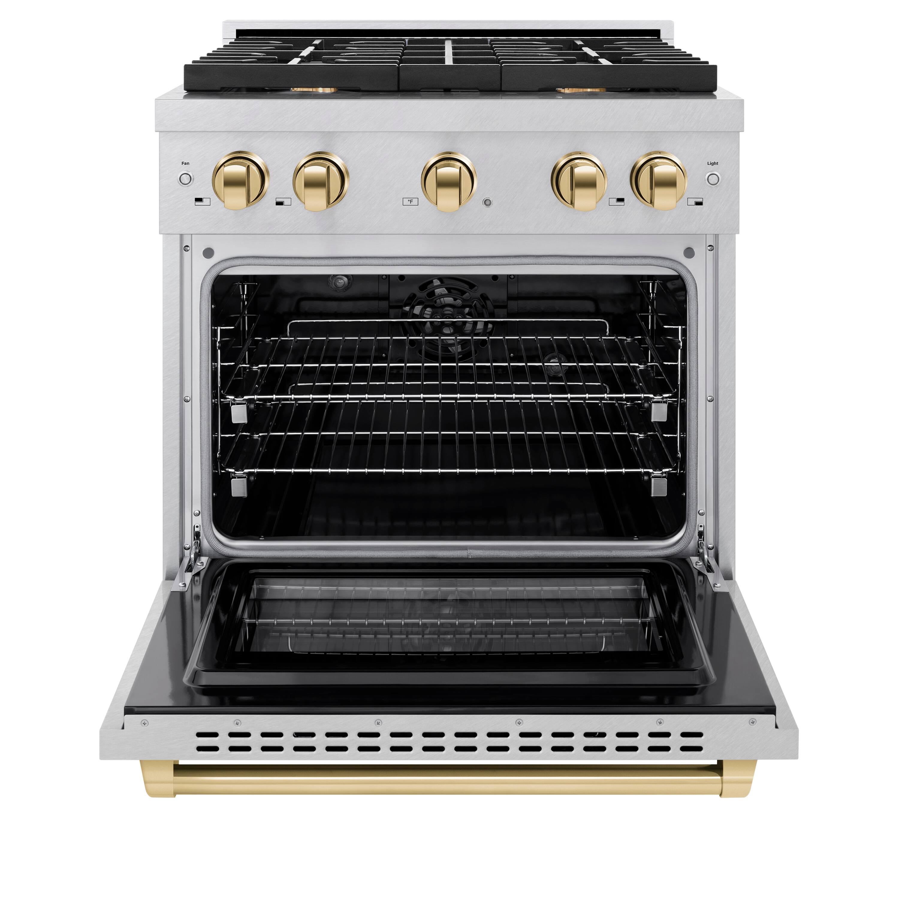 Angle. ZLINE - ZLINE Autograph 30 in. Paramount Dual Fuel Satin Steel Range w/ 4 Burners & Gold Accents (SDRSZ-30-G) - Stainless Steel.