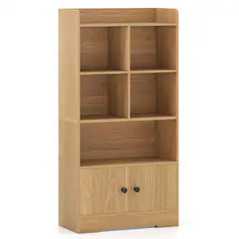 Costway - Freestanding Bookshelf with Doors 2 Storage Cabinets and 5 Cubbies 2 Anti-tip Kits - Natural