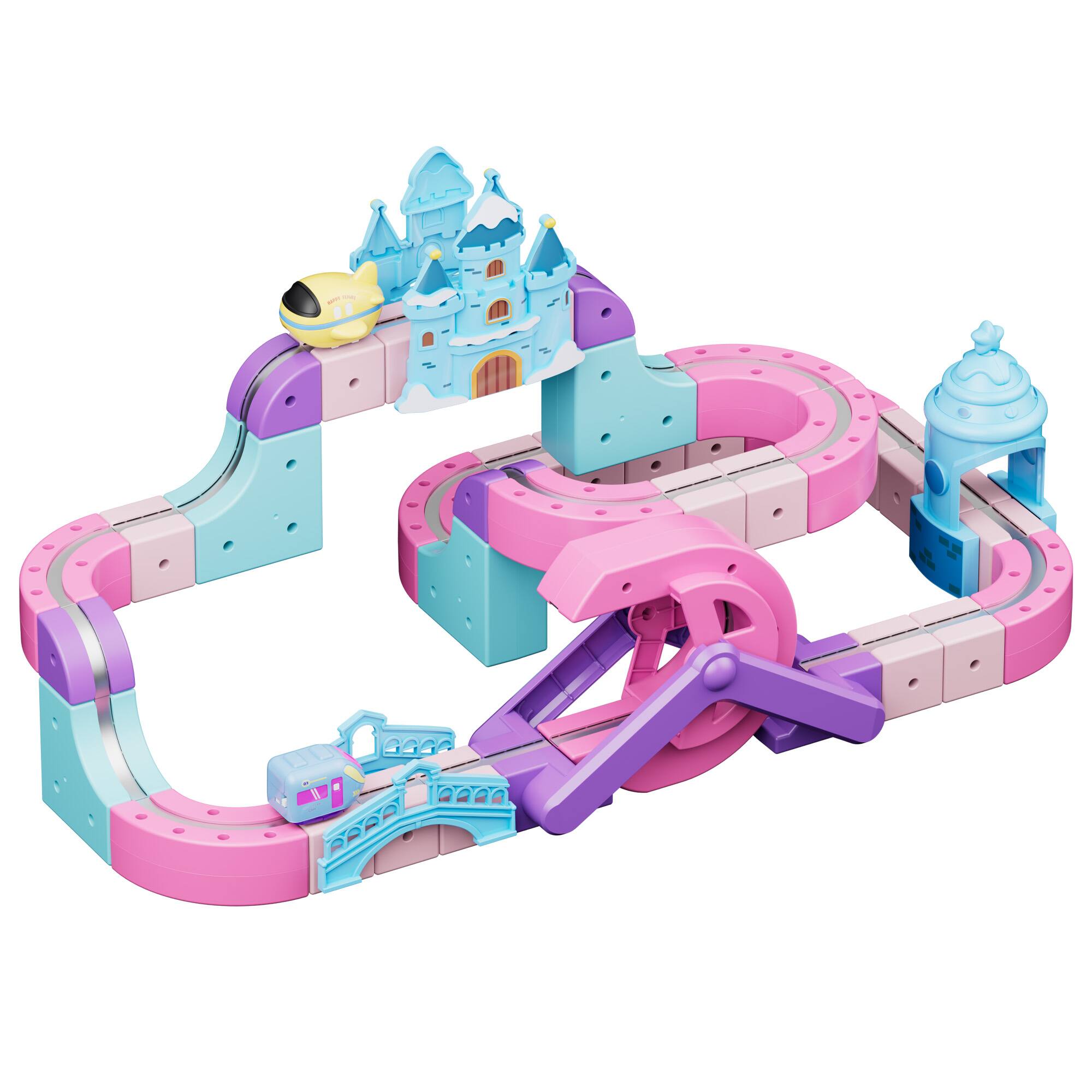 Angle. Contixo - MT6 Princess Castle Magnetic Train Track 96-Piece Building Set with USB-C Motorized Train, Ages 3+.