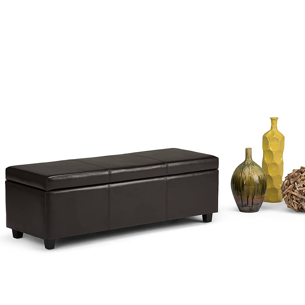 Left. Simpli Home - Avalon Rectangular Polyurethane Faux Leather Ottoman With Inner Storage - Tanner's Brown.