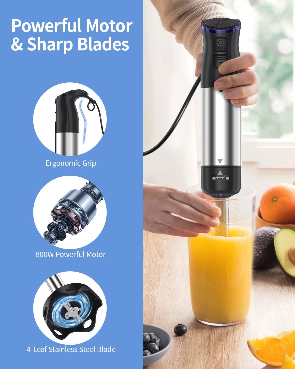 Powerful Motor & Sharp Blades

- Ergonomic Grip
- 800W Powerful Motor
- 4-Leaf Stainless Steel Blade