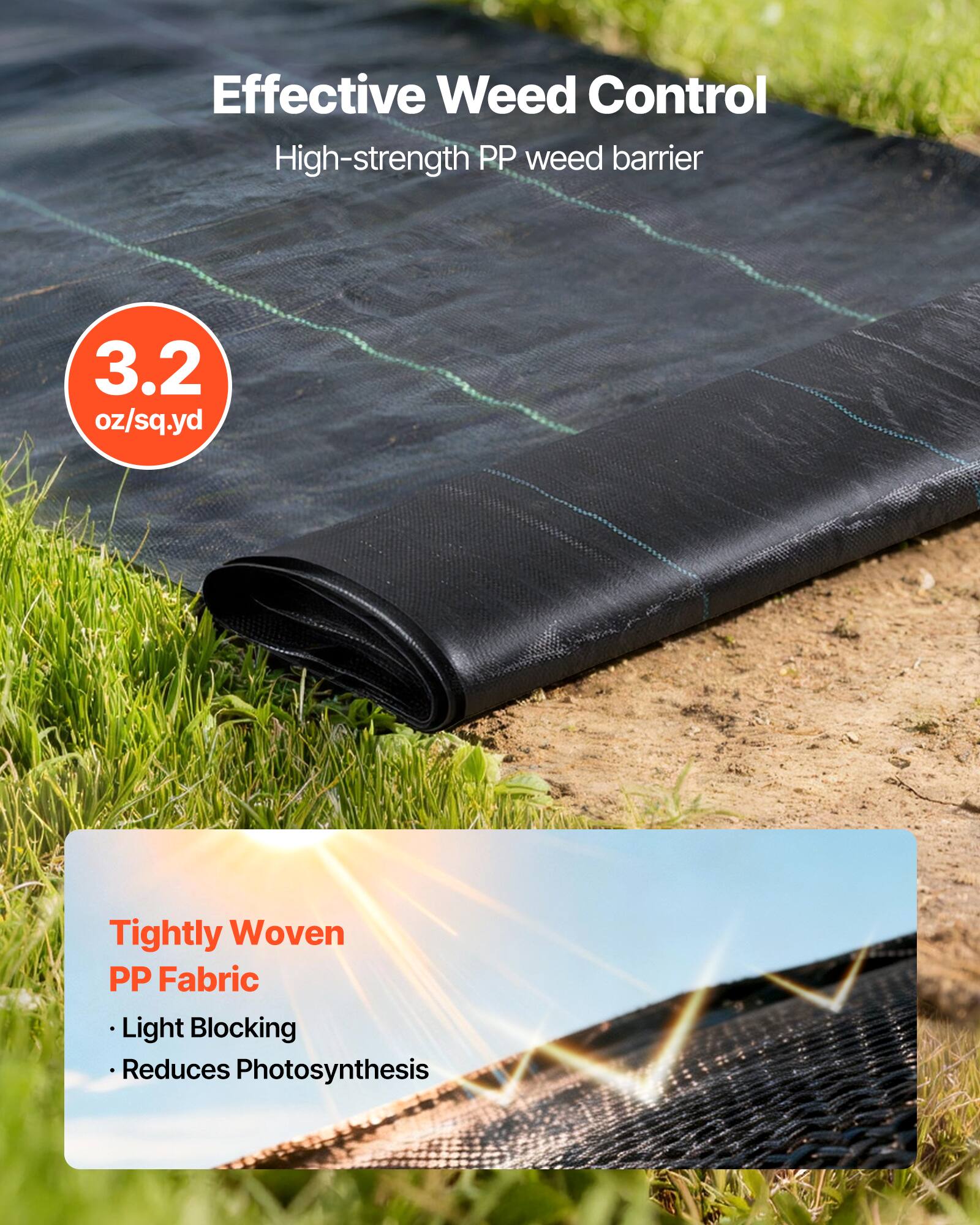 Effective Weed Control  
High-strength PP weed barrier  
3.2 oz/sq.yd  

Tightly Woven PP Fabric  
- Light Blocking  
- Reduces Photosynthesis