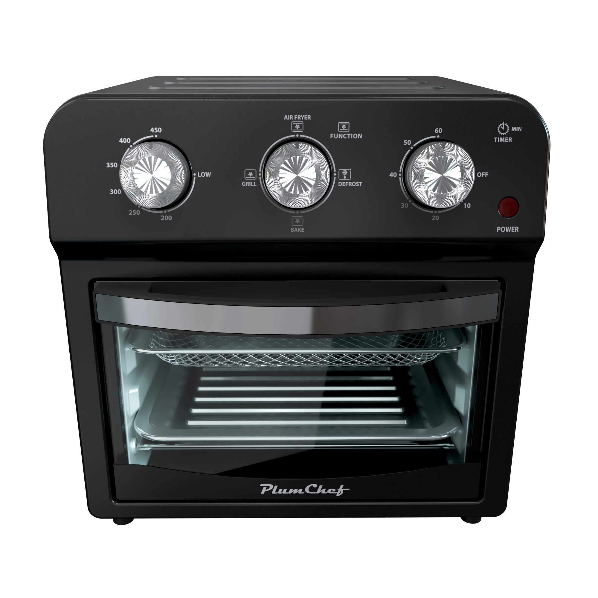 400 450 AIR FRYER + FUNCTION 50 60 MIN TIMER 350 300 LOW . GRILL DEFROST 40 OFF 250 200 . BAKE DE 20 10 POWER PlumChef