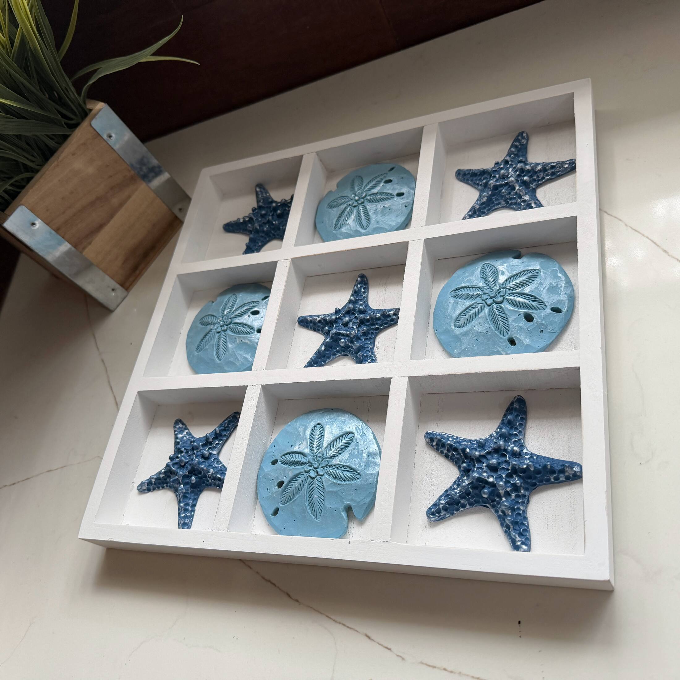 Alt View 3. Zeckos - Coastal Tabletop Decor Whitewashed Wood Blue Starfish Sand Dollar 11.75 Inch - White.
