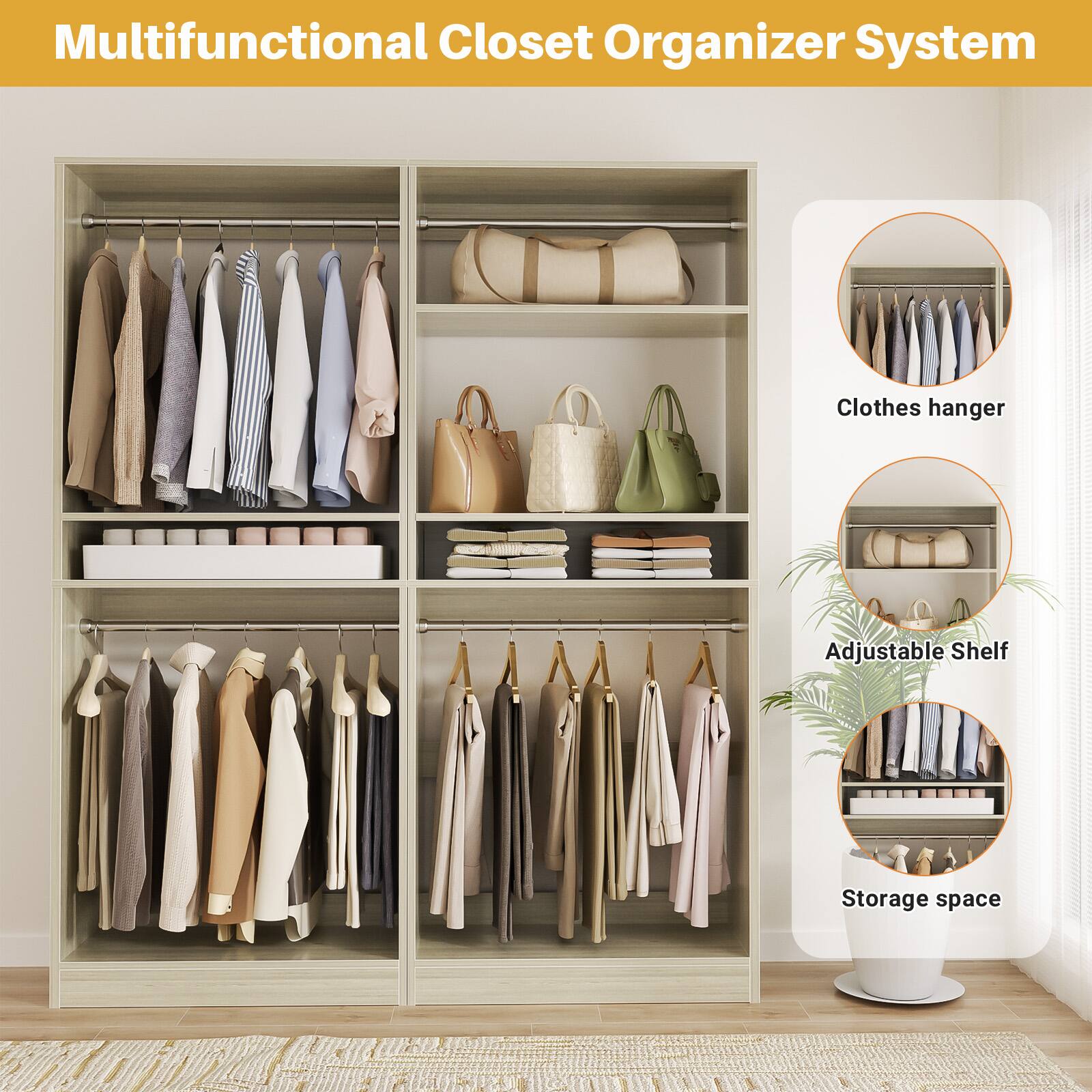 Multifunctional Closet Organizer System

- Clothes hanger
- Adjustable Shelf
- Storage space