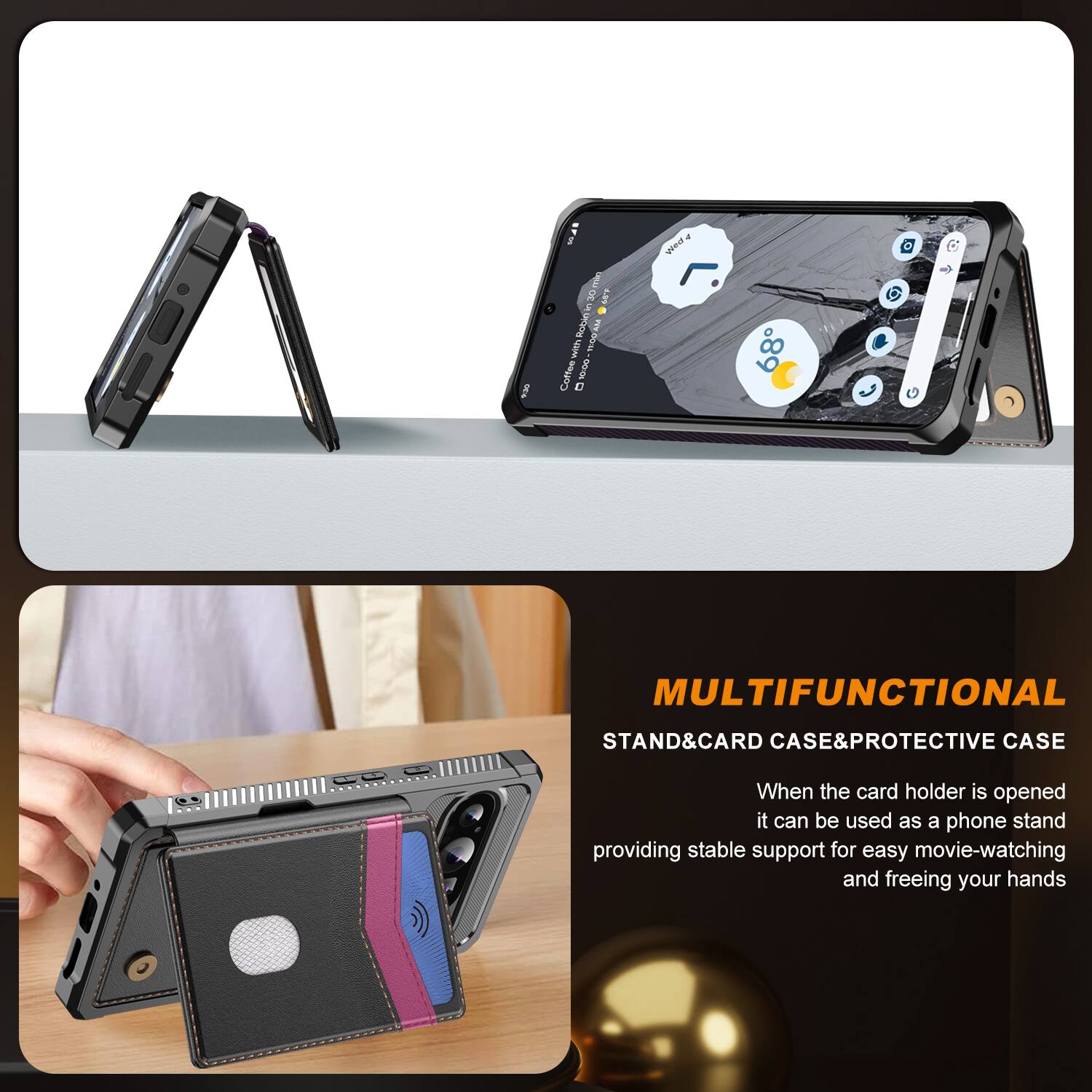 1. IFH a 30mk G a.09 O a pqog Ww.Do  
   Coffee 10:00 D a We . 68  O  

   MULTIFUNCTIONAL STAND&CARD CASE&PROTECTIVE CASE  
   When the card holder is opened it can be used as a phone stand providing stable support for easy movie-watching and freeing your hands