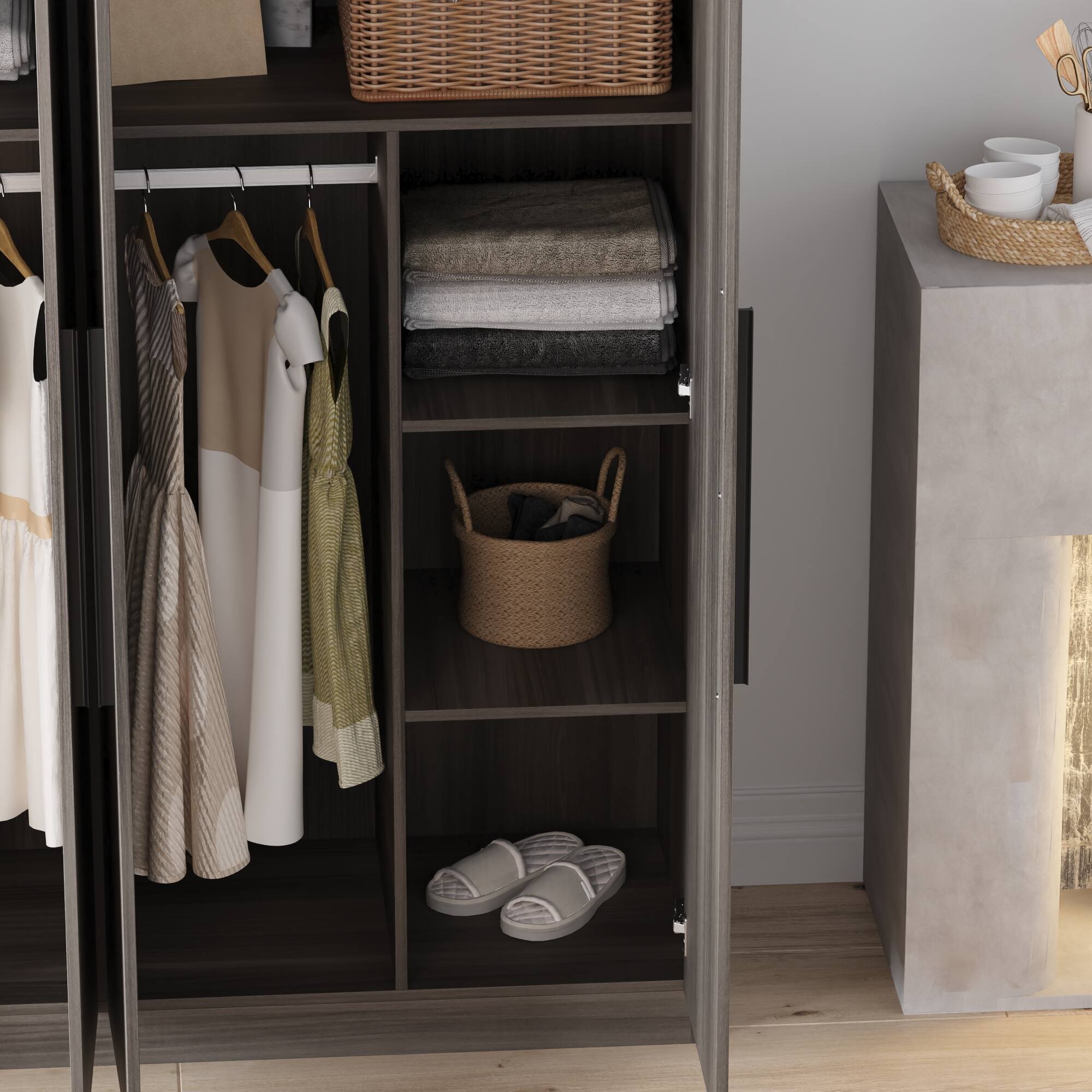 Alt View 2. FUFU & GAGA - Modern Wood Grain Four-Door Wardrobe Closet – Spacious Family Storage with Safety Design - Gray.