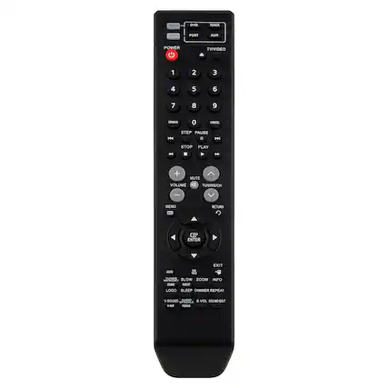 Sure, here is the corrected and grouped text from the image:
**Top Section:**
- DVD
- TV
- AUX
- TV/VIDEO
**Number Pad:**
- 1 2 3
- 4 5 6
- 7 8 9
- 0
**Playback Controls:**
- REMAIN
- PAUSE
- STEP
- STOP
- PLAY
- CANCEL
**Volume and Mute:**
- VOLUME
- MUTE
**Navigation:**
- MENU
- RETURN
- ENTER
- EXIT
**Additional Controls:**
- TUNING/CH
- ZOOM
- INFO
- DIMMER REPEAT
- S.VOL SOUND EDIT
**Audio and Sound:**
- AUDIO
- TUNER
- MEMORY
- SLOW
- MOST
- LOGO
- SLEEP
- V-SOUND
- V-HP
- FIBALS
**Other:**
- BLOW
- INFO
- MY
- SONO
- LOGO
- SLEEP
- DIMMER
- REPEAT
- V-SOUND
- S.VOL
- SOUND EDIT
- UPICALE
- V