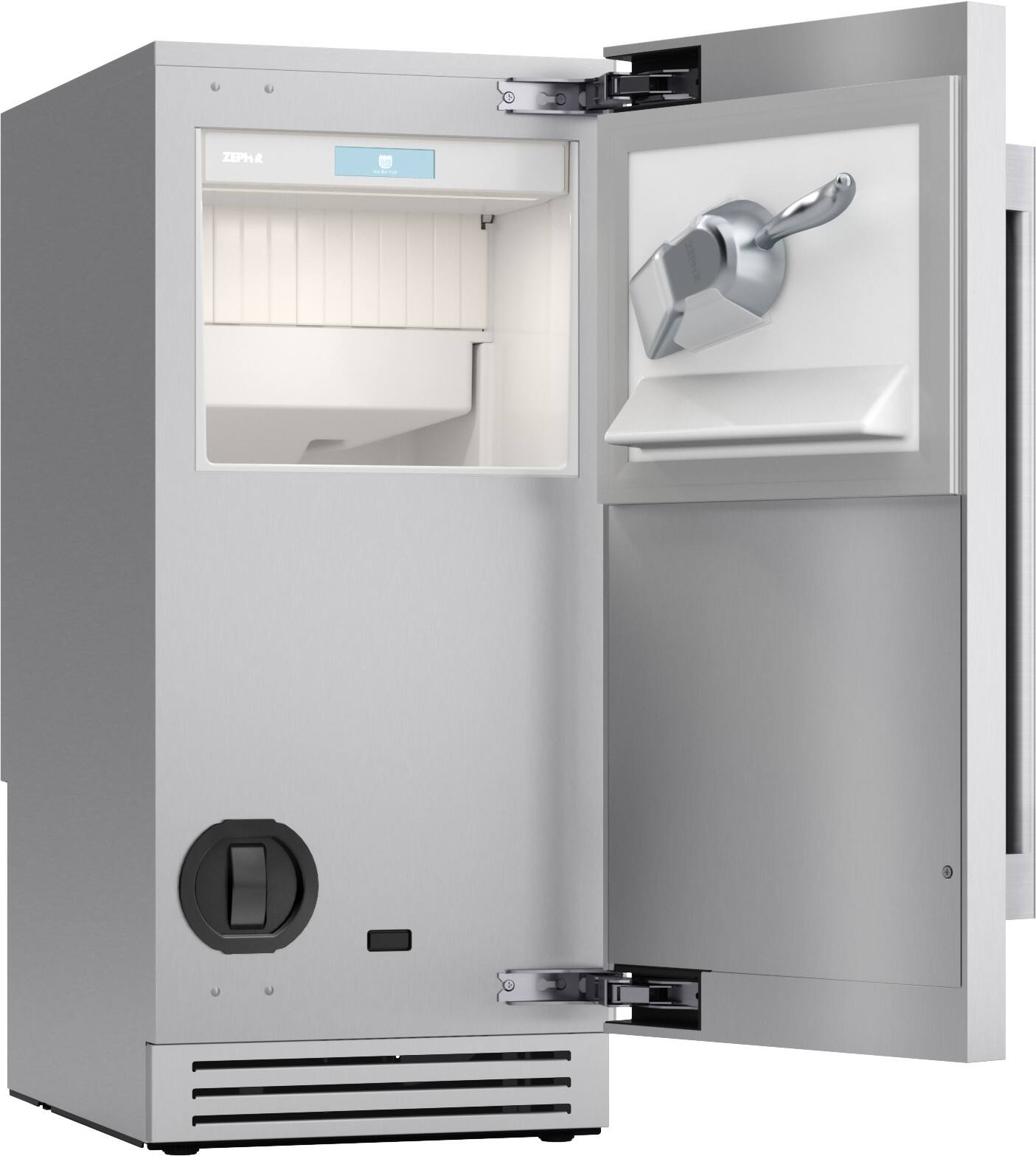 Angle. Zephyr - 15" Outdoor/Indoor Presrv 80 lb. Daily Production Top Hat Built-In Stainless Steel Gourmet Clear Ice Machine Left Hinge - Stainless Steel.
