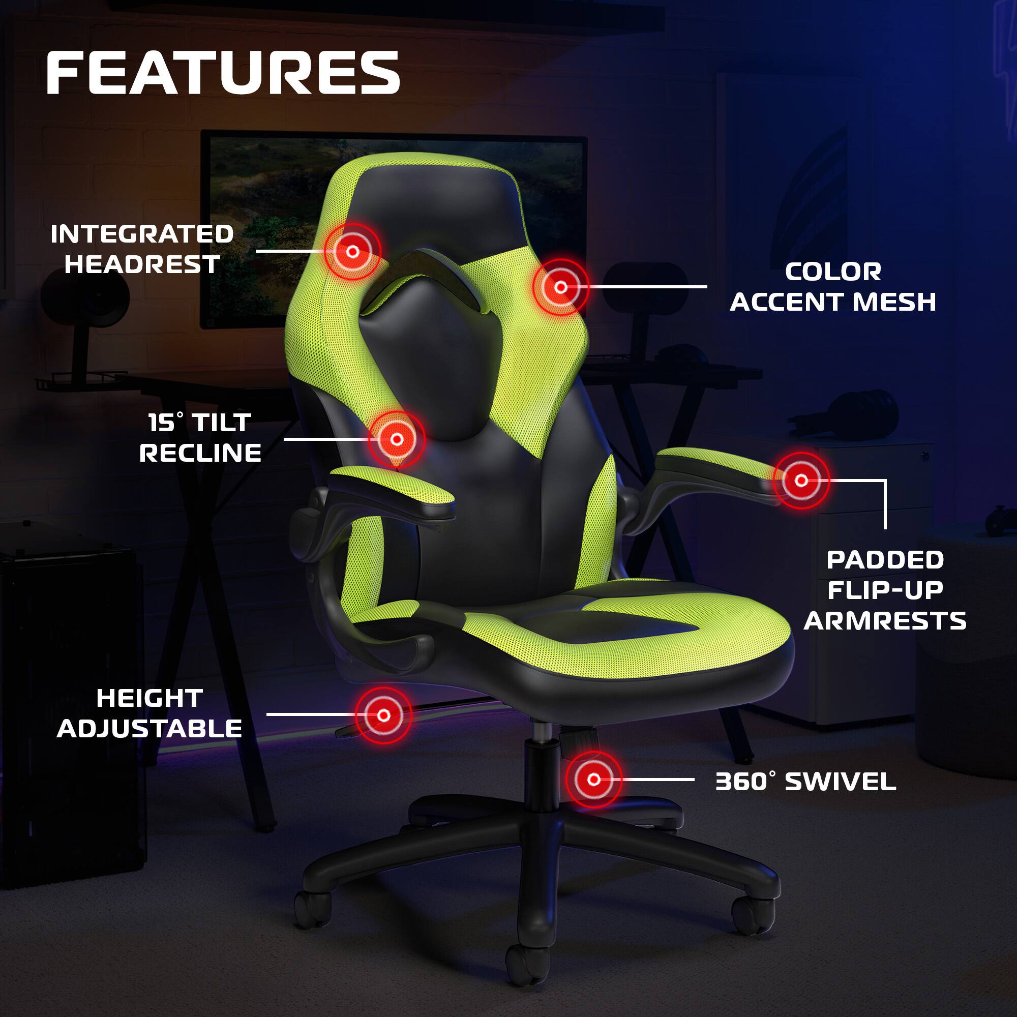 Sure, here is the corrected and grouped text from the image:

**FEATURES**

- **INTEGRATED HEADREST**
- **15° TILT RECLINE**
- **HEIGHT ADJUSTABLE**
- **360° SWIVEL**
- **COLOR ACCENT MESH**
- **PADDED FLIP-UP ARMRESTS**