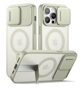 SURITCH - Rugged Case for iPhone 14 Pro Max, Compatible with MagSafe, Built-in Kickstand & Camera Cover & Translucent Back - Khaki Green