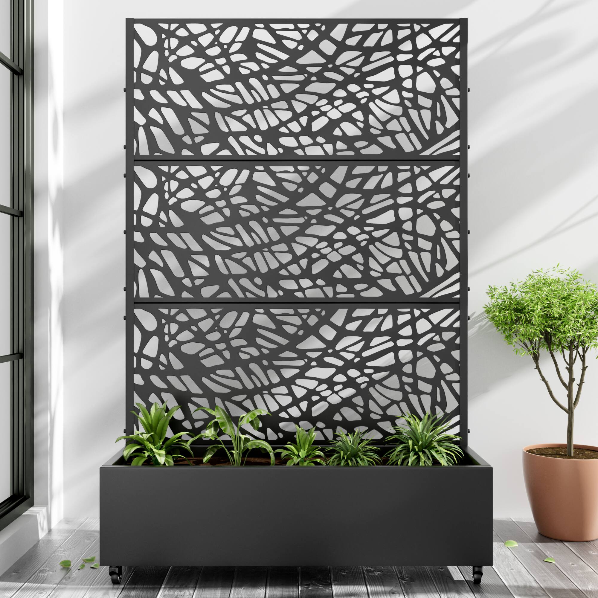 Front. PexFix - 72 in. H x 47 in. W Net Pattern Rectangle Metal Planter Box Raised Garden Beds with Trellis-Ideal for Balcony - Black.