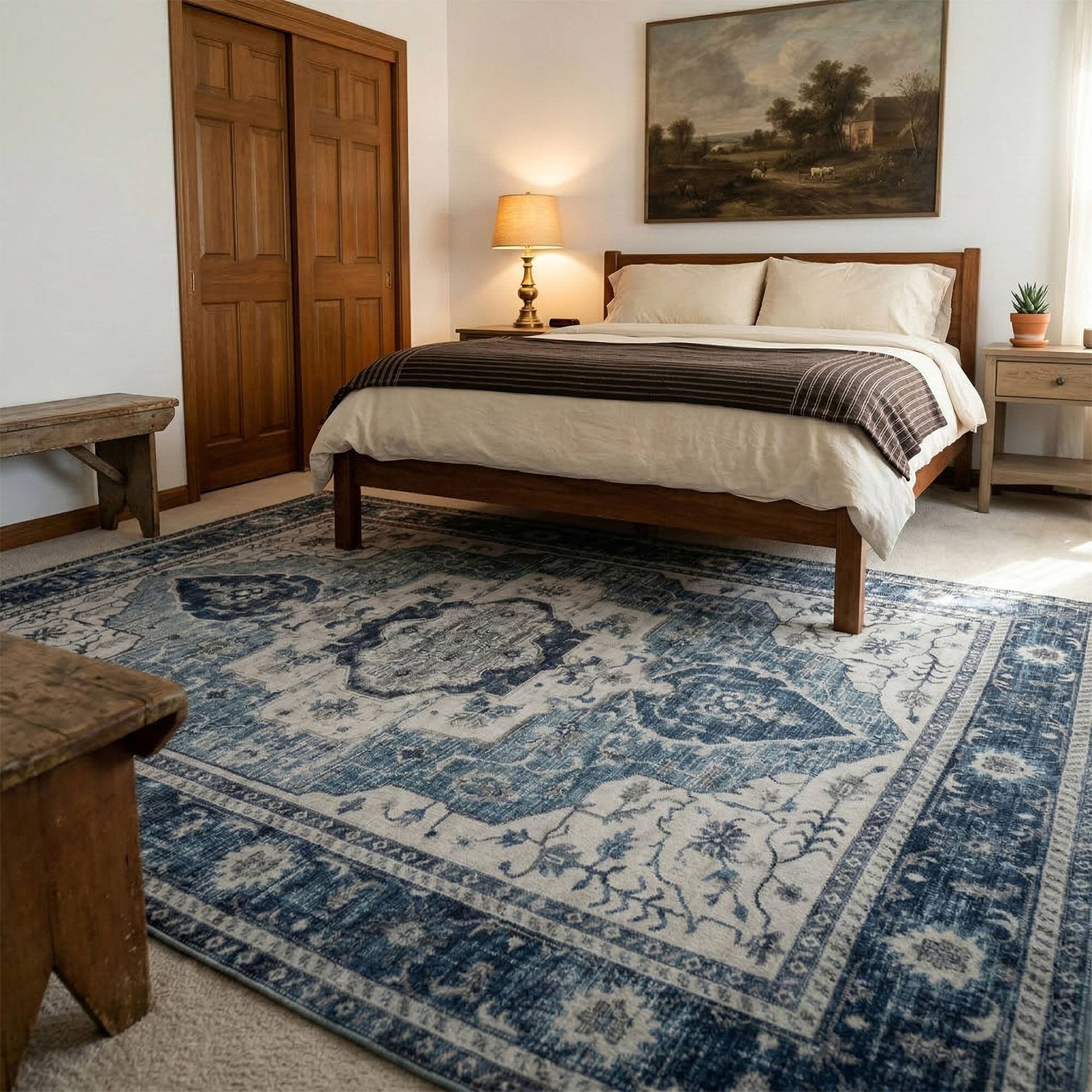 Back. RYHNUYNE - 9x12 Area Rugs Living Room Rug, Washable Vintage Medallion Rug, Soft Carpet for Dining Room Bedroom Home Office(Blue) - Blue.