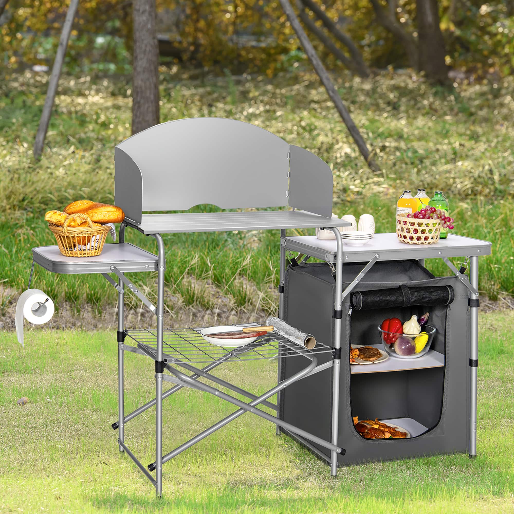 Angle. Costway - Foldable Camping Table Outdoor BBQ Portable Grilling Stand w/Windscreen Bag - Grey.
