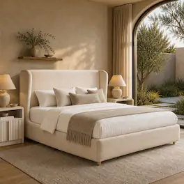 ModernMate - 47" Tall Wingback Headboard Bed Frame, Cream Suede Upholstered Platform Bed,Noise-Free Design - Begie