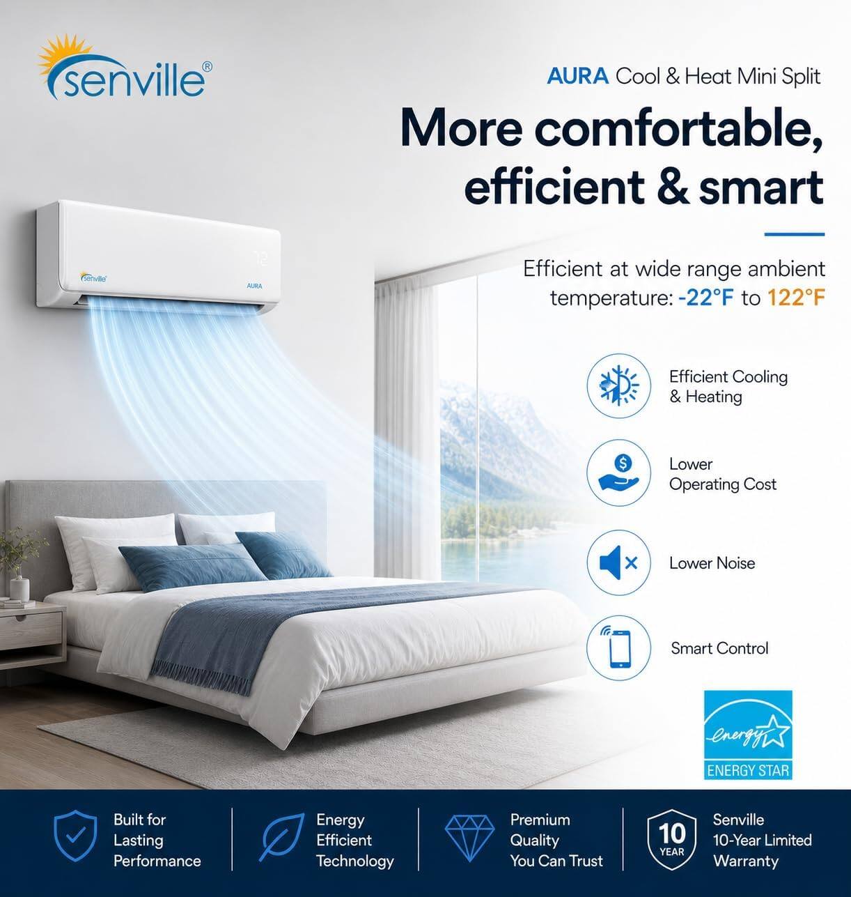 senville AURA Cool & Heat Mini Split  
More comfortable, efficient & smart  

Efficient at wide range ambient temperature: -22°F to 122°F  
Efficient Cooling & Heating  
Lower Operating Cost  
Lower Noise  
Smart Control  

ENERGY STAR  
Built for Lasting Performance  
Energy Efficient Technology  
Premium Quality You Can Trust  
Senville 10-Year Limited Warranty