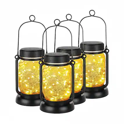 Front. FINEAK - 18.9" 4 Pack Solar Hanging Lanterns - Waterproof Mason Jar Fairy Lights with Stakes (Warm White) - Black.