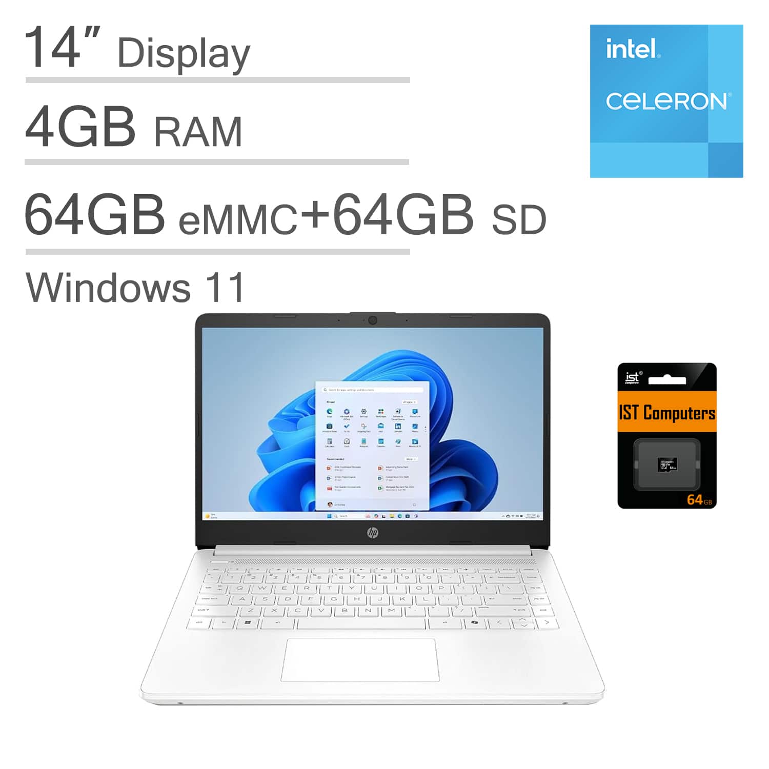 HP - 14" Ultra-Light HD Laptop - Intel Celeron with 4GB Memory - 128GB Storage - IST SD Card - Windows 11 - Snowflake White